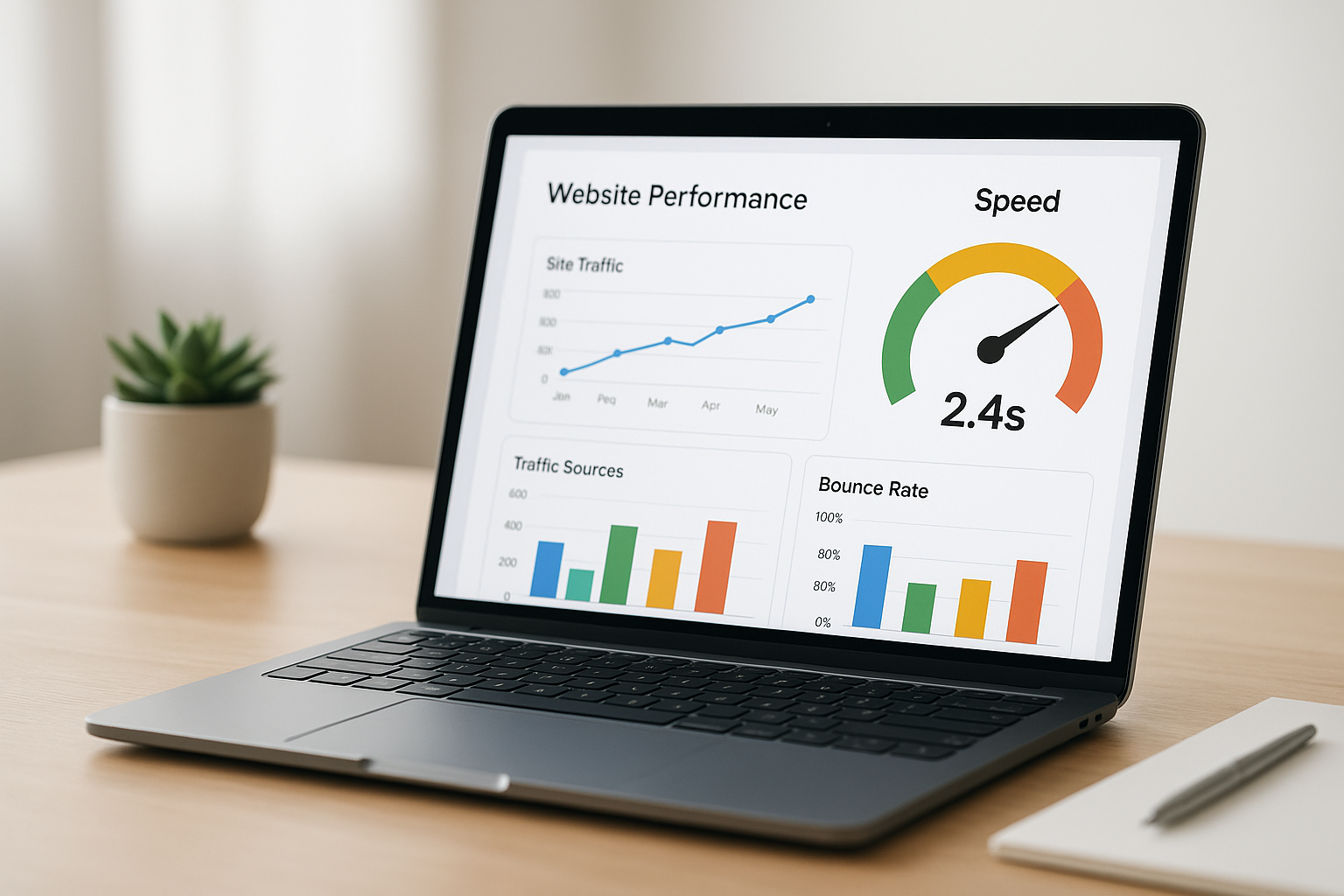 Laptop screen displaying page speed test dashboard with performance score and metrics