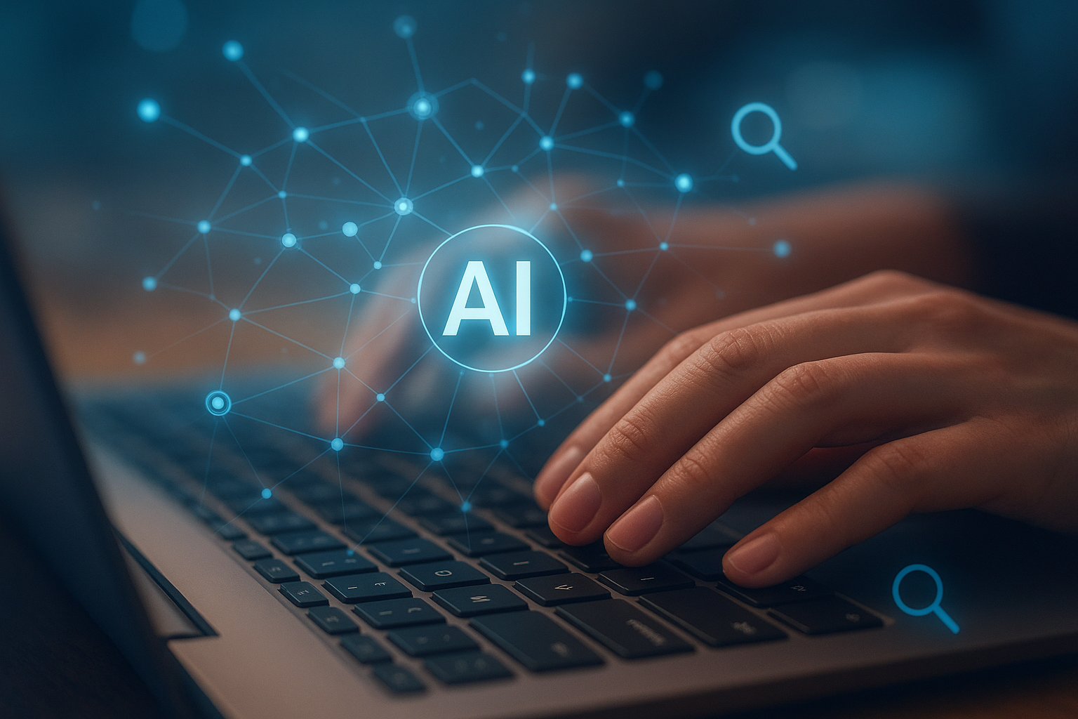 Hands typing on a laptop representing automated AI-driven search optimization