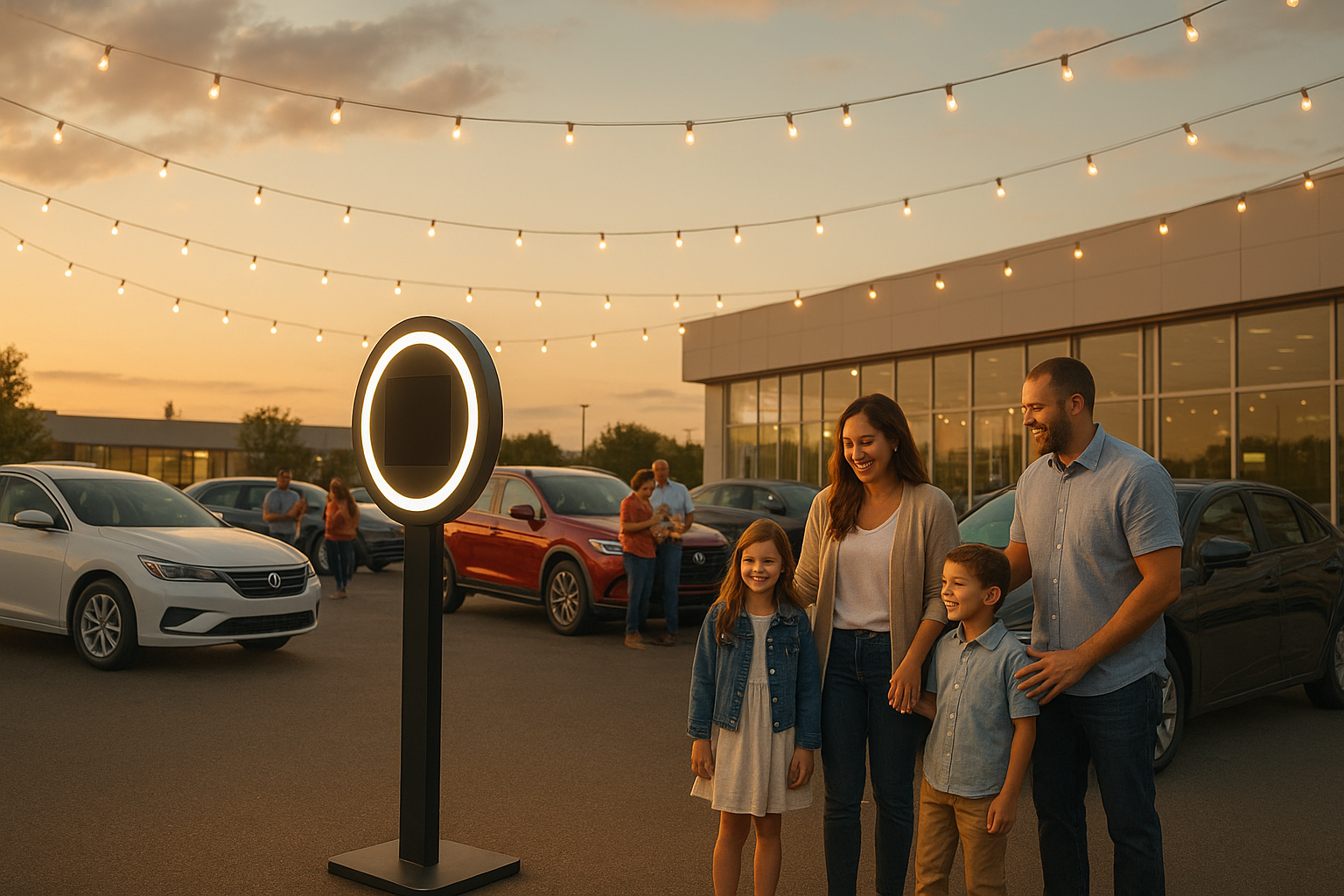 Photo booth rental for car dealership event set up on an outdoor sales lot at dusk