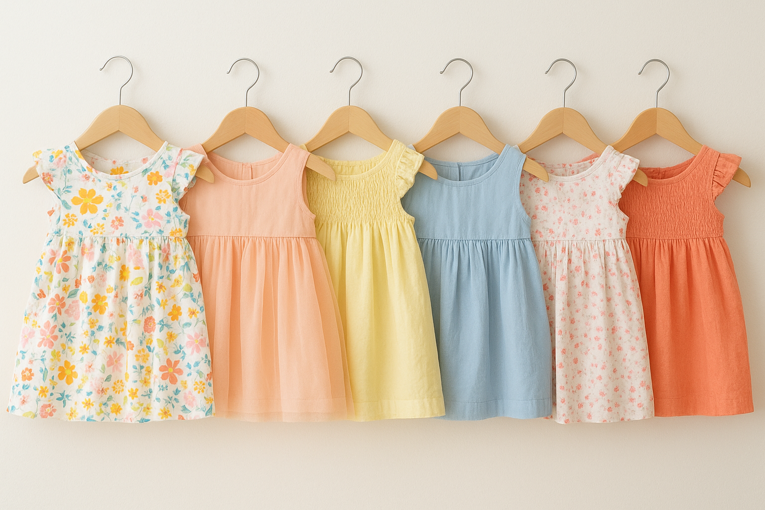 Variety of toddler dresses available for rent displayed on small wooden hangers