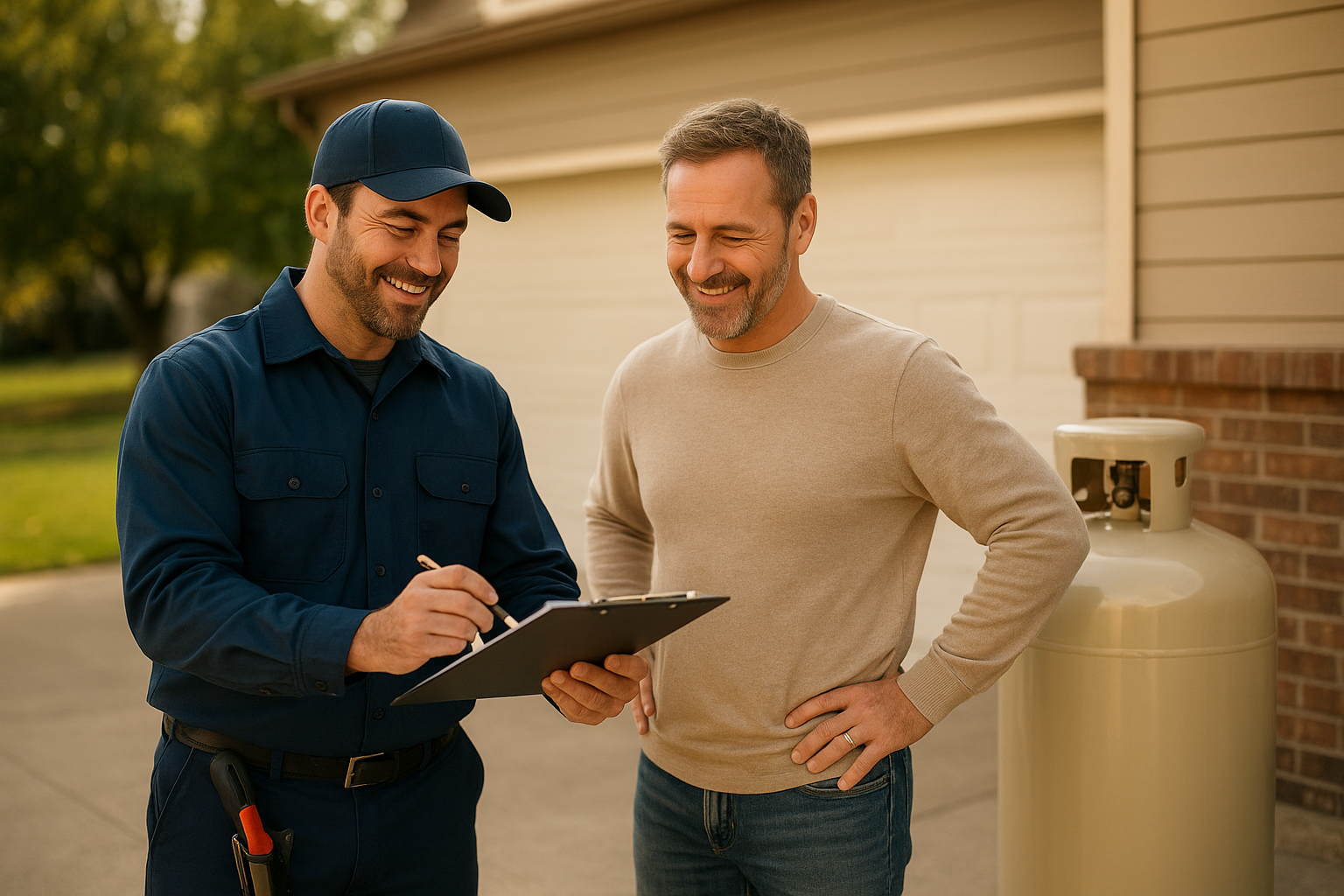 55900eb7_gas-inspection-checklist-review Plumber reviewing a propane inspection checklist with a homeowner in Kaufman County