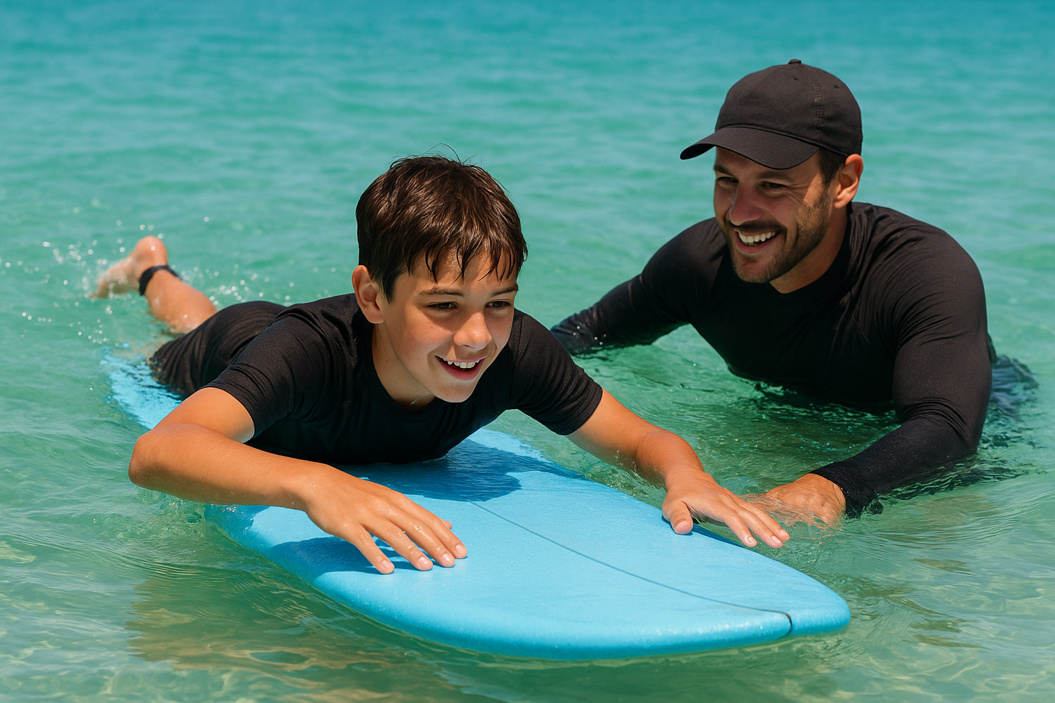 Beginner surfer practicing paddling technique with an ocean tour instructor in Waikiki