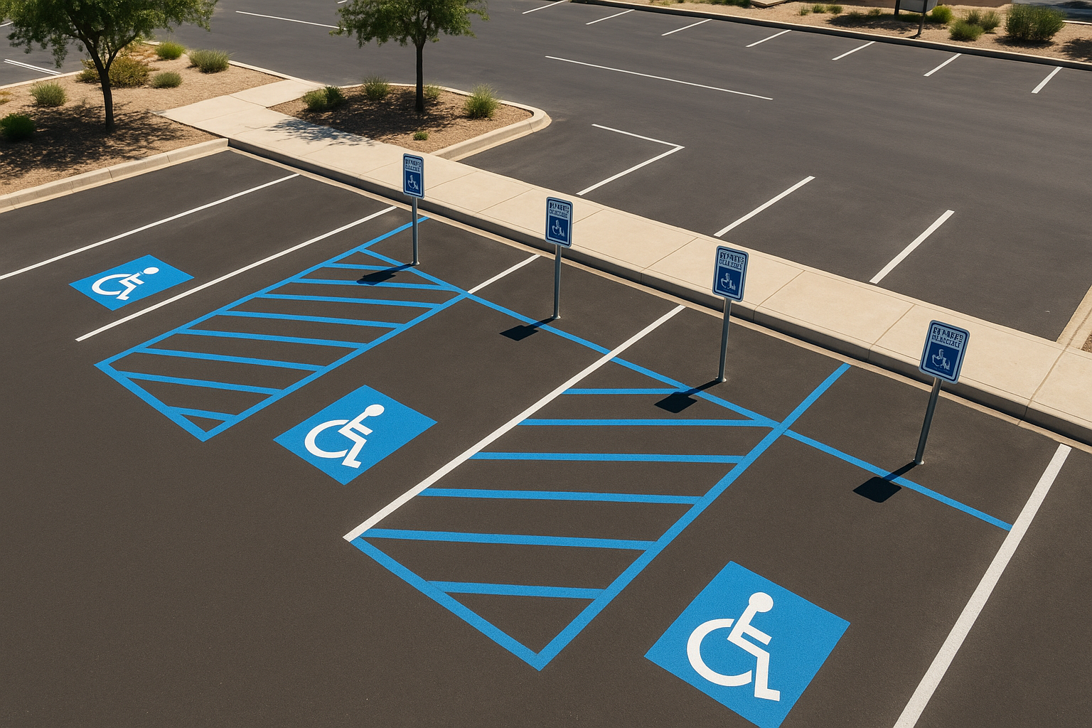 ADA parking lot compliance Texas showing accessible spaces with correct striping, access aisles, and signage