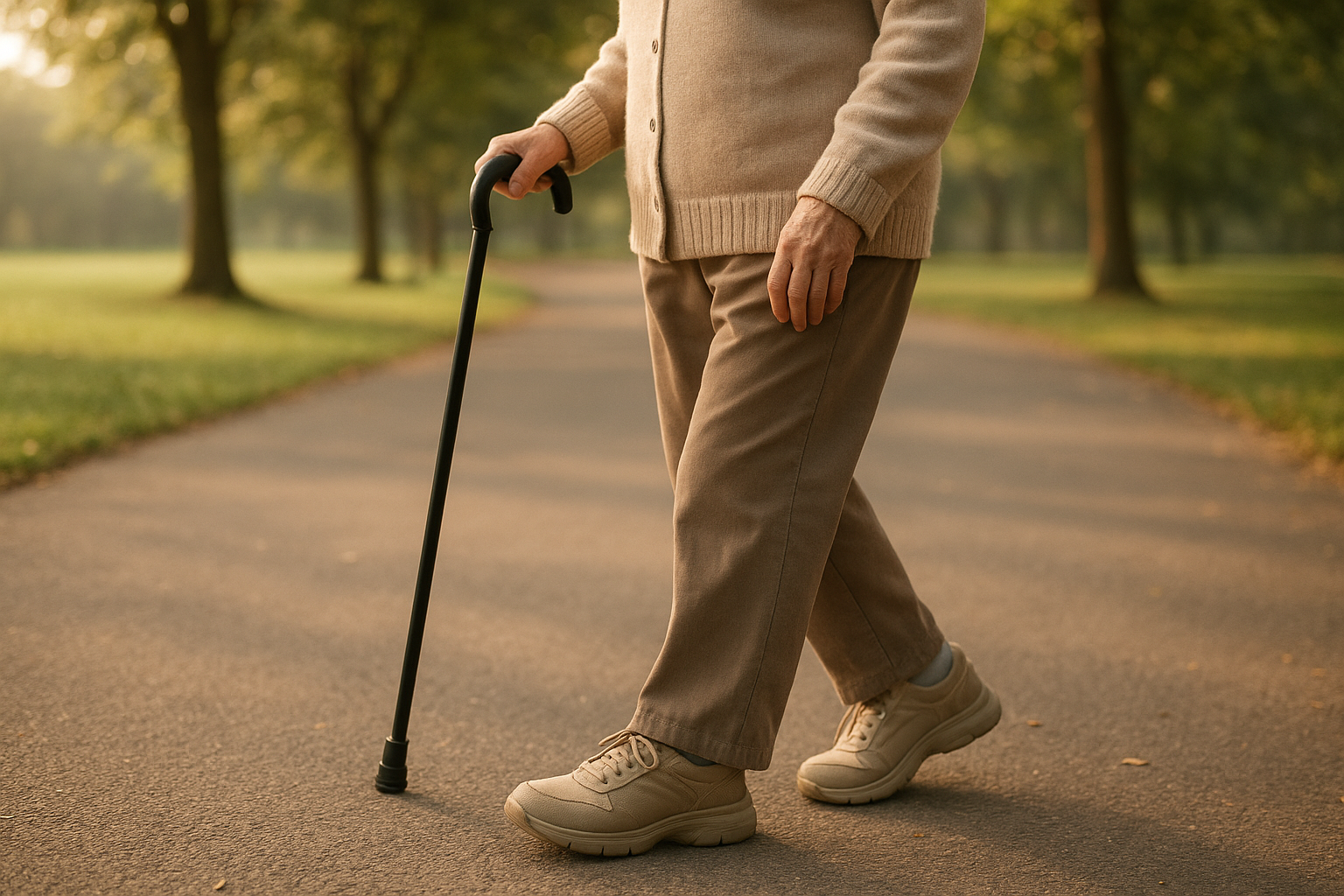 Senior walking outdoors wearing shoes fitted with custom foot orthotics for seniors