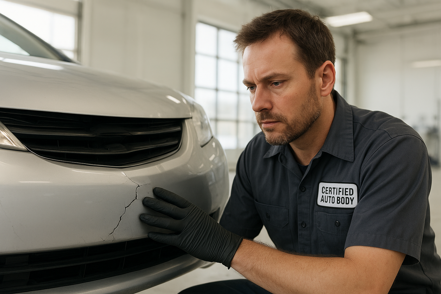 Technician inspecting bumper repair and replacement Brea vehicle for cracks and dents