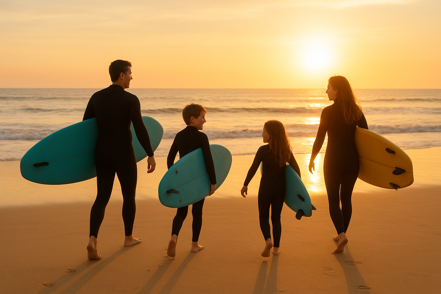 Family carrying surfboards toward the ocean before a beginner surf lesson