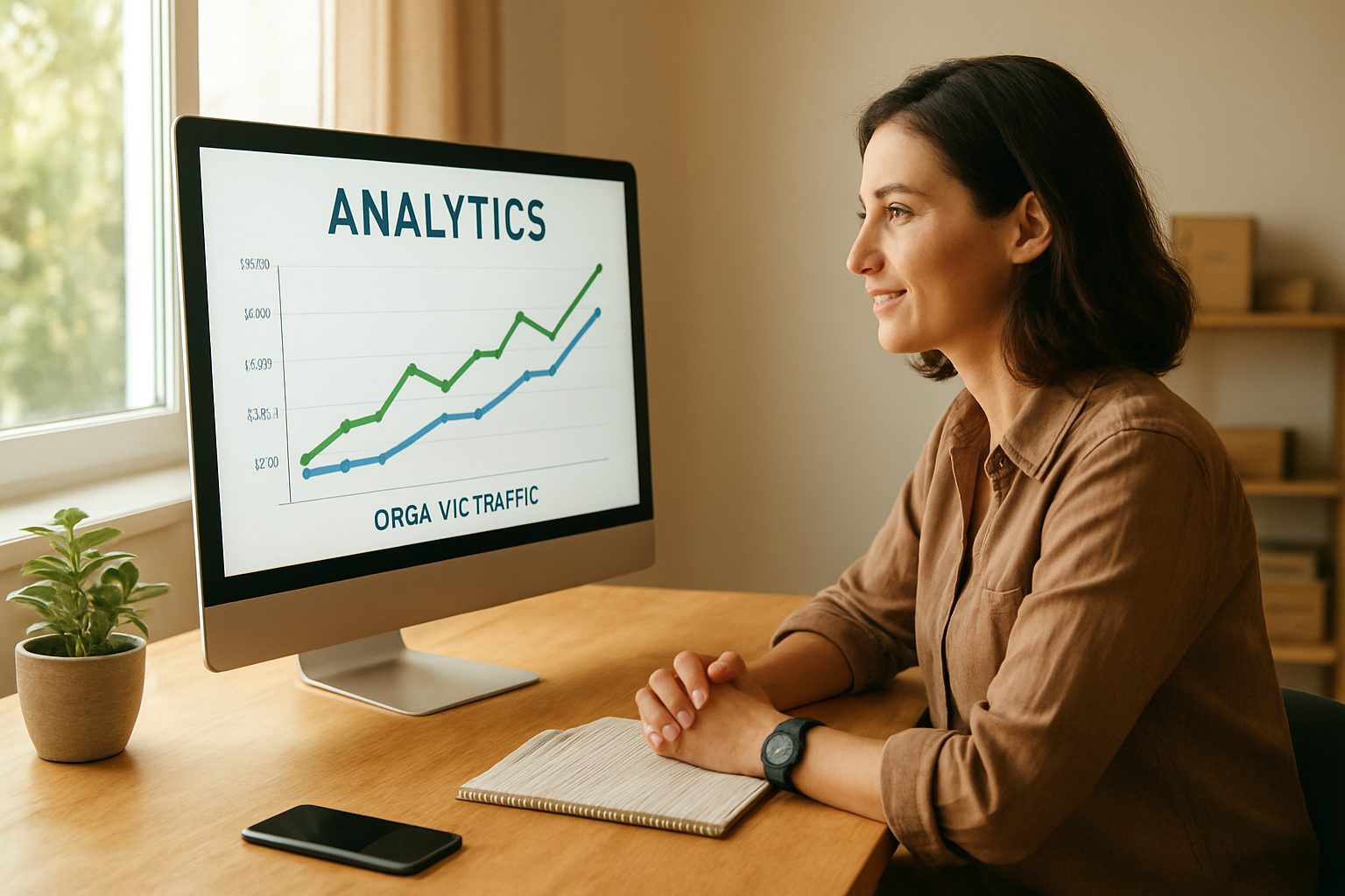 Small business owner reviewing organic search traffic growth after implementing an SEO strategy