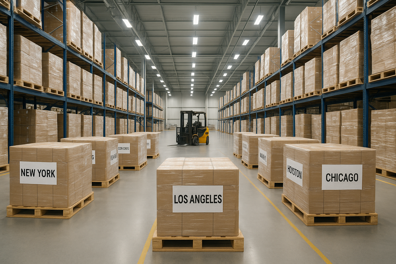 Warehouse workers organizing palletized LTL shipments for multiple destinations