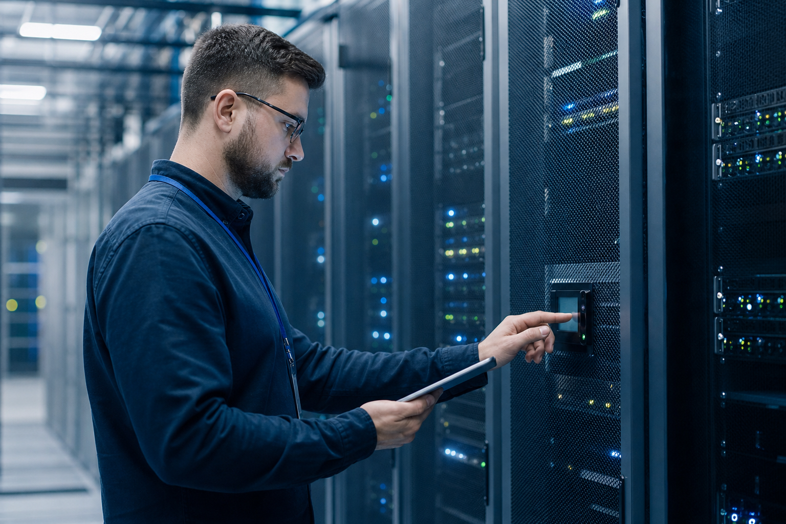 IT security specialist reviewing data governance controls in a server room