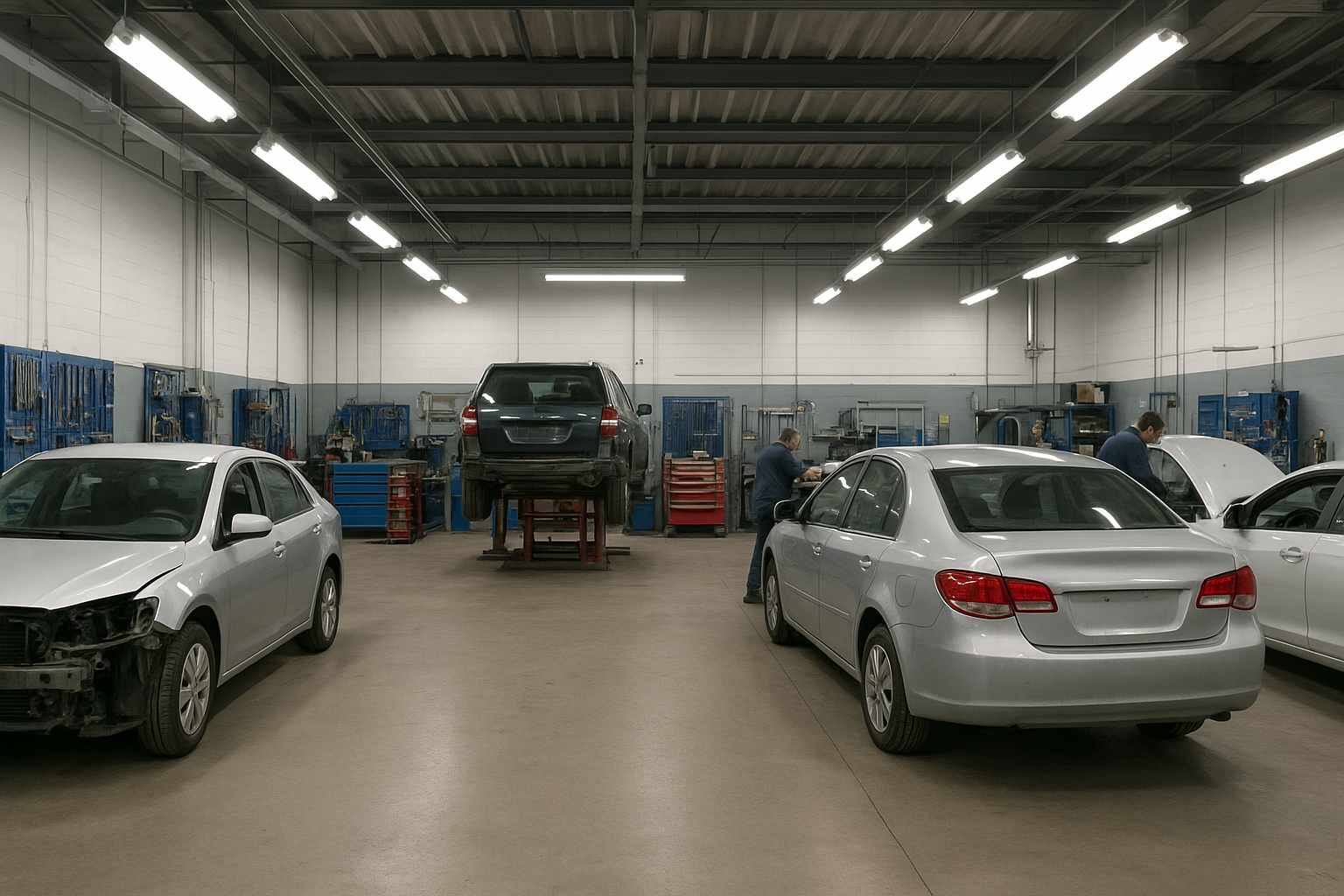 Professional auto body repair shop with multiple vehicles undergoing repairs including aftermarket component replacements