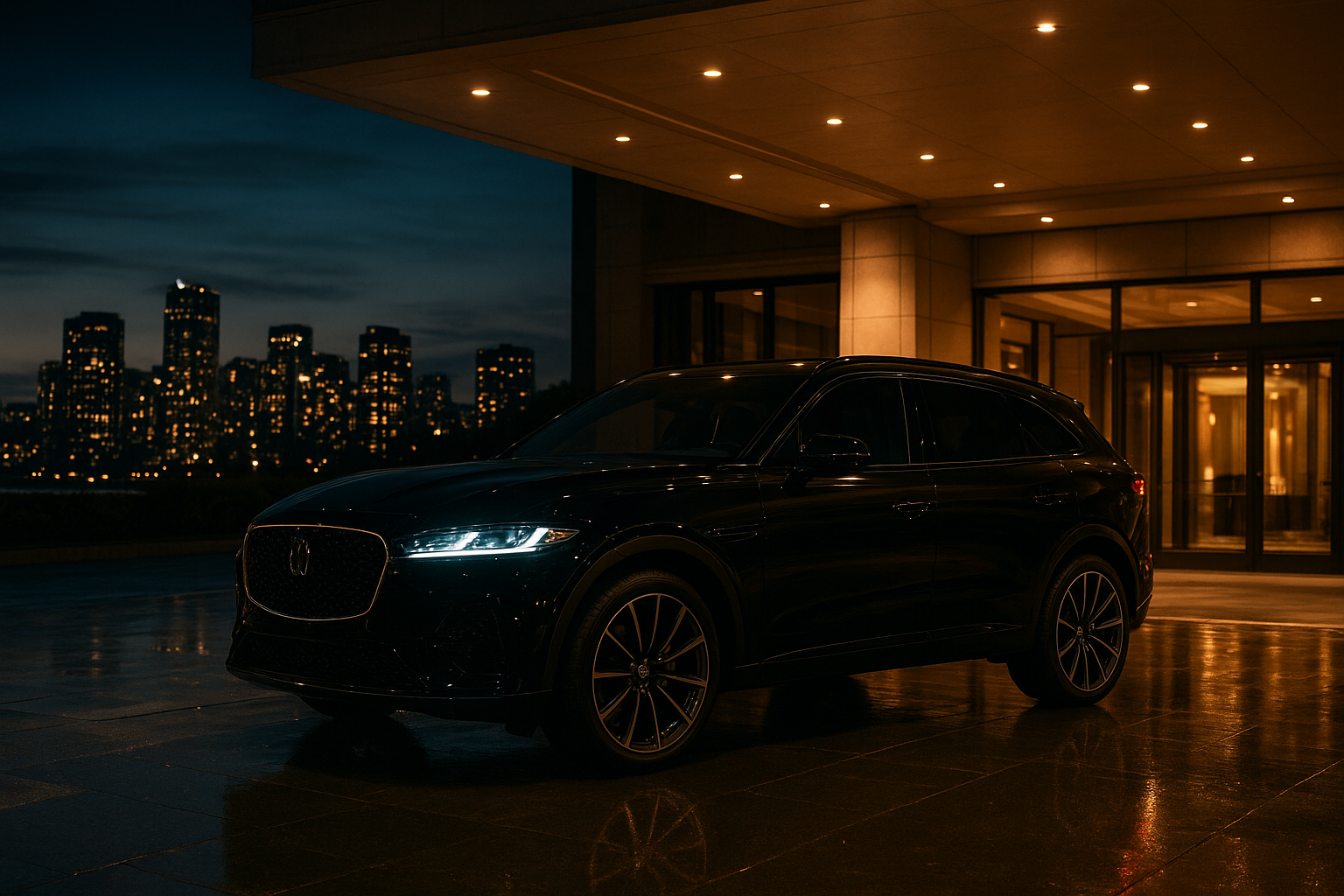 Luxury black SUV parked at a hotel entrance providing Charlotte hotel car service