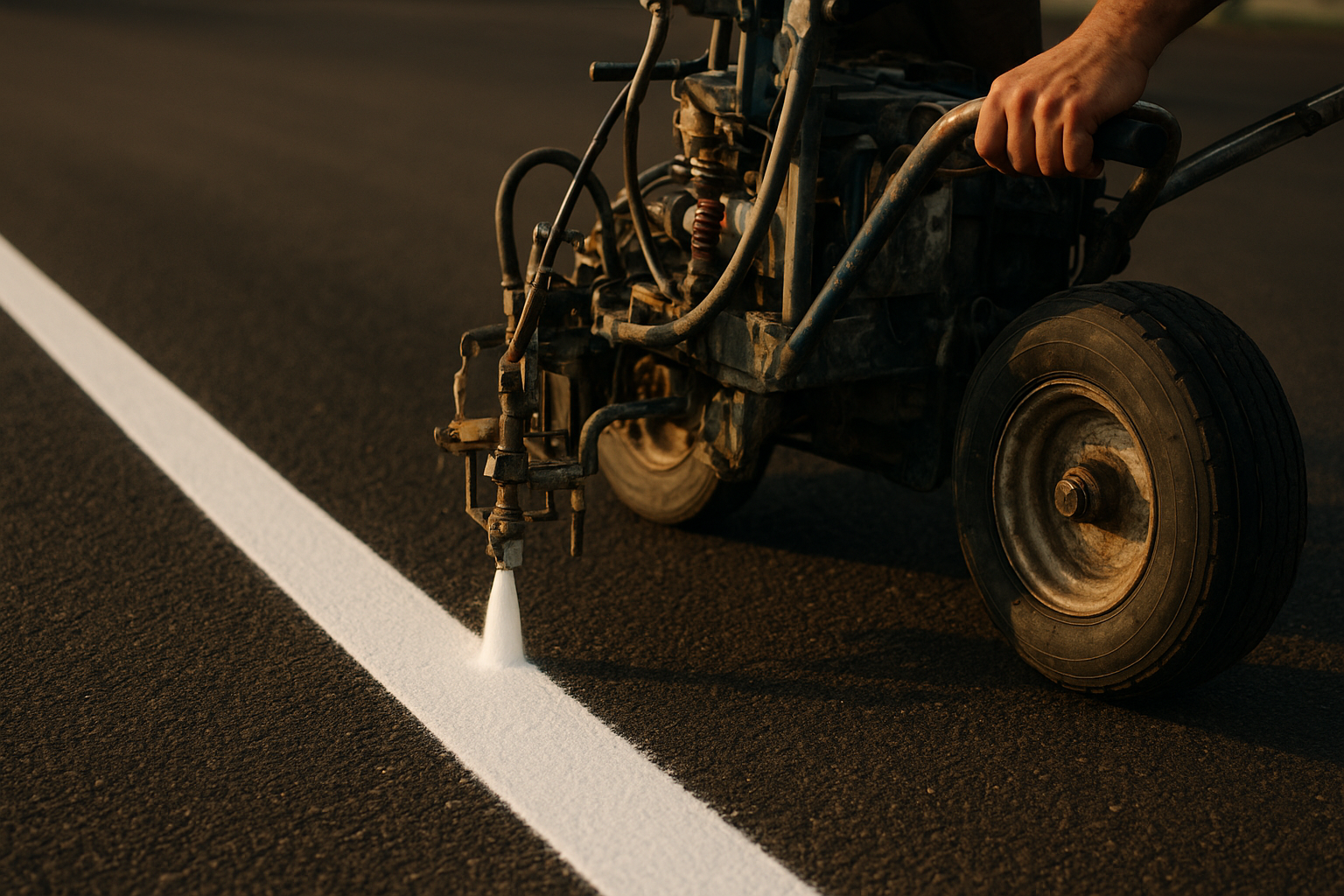 Professional line striping machine applying fresh white paint lines during a blacktop striping services project on commercial asphalt