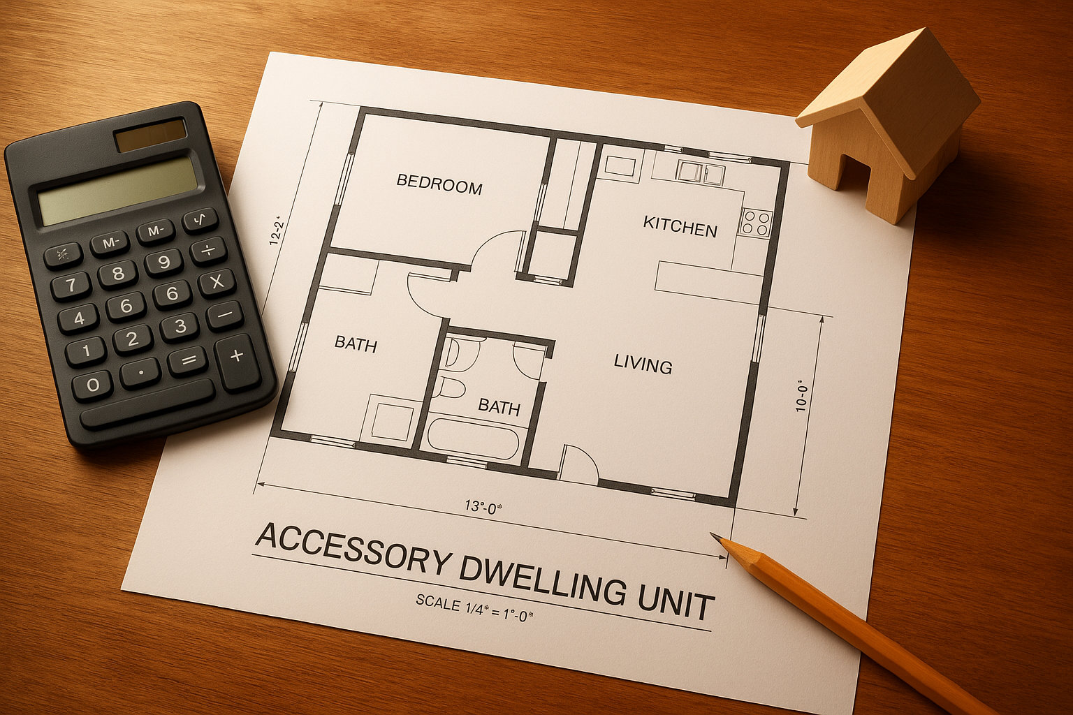 ADU renovation planning blueprints and cost estimation tools on a desk