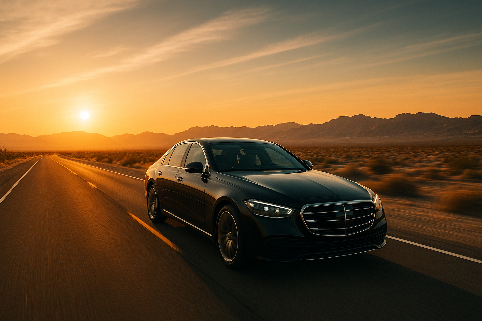 Private car service driving through the desert on a Palm Springs to Santa Barbara route