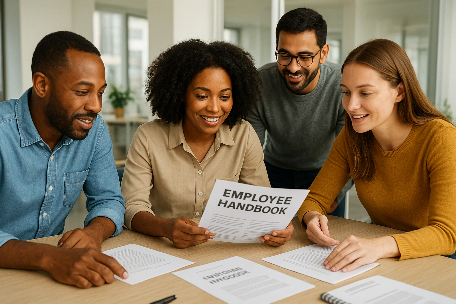 Small business team reviewing employee handbook policies together