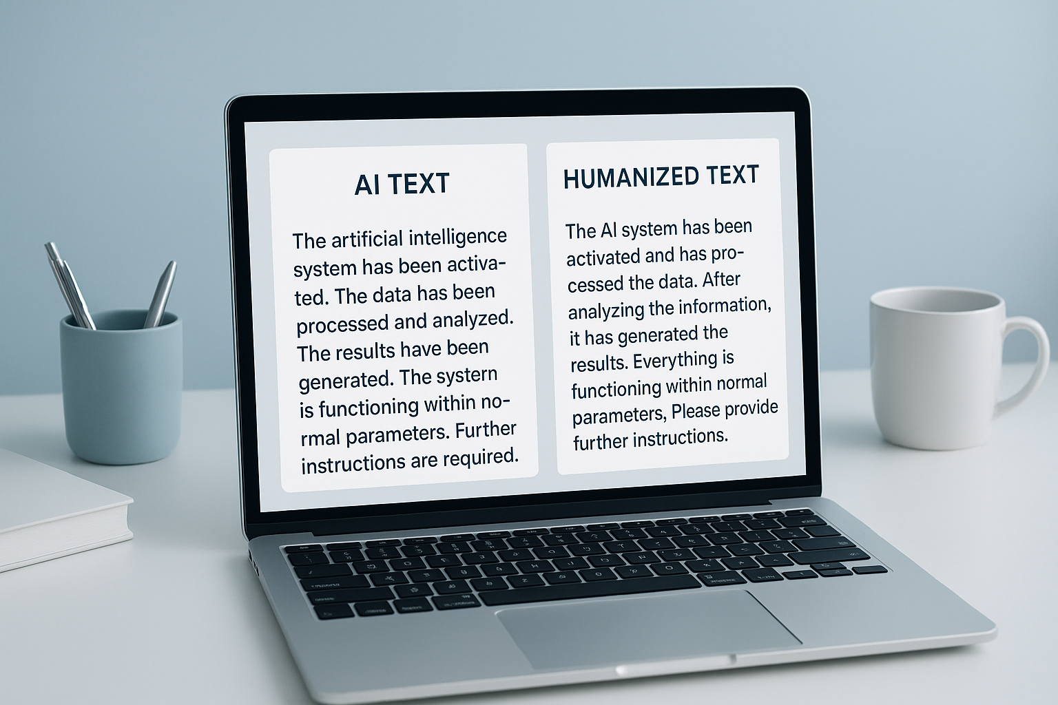 AISEO humanizer interface showing AI text being transformed into natural human writing on a laptop screen