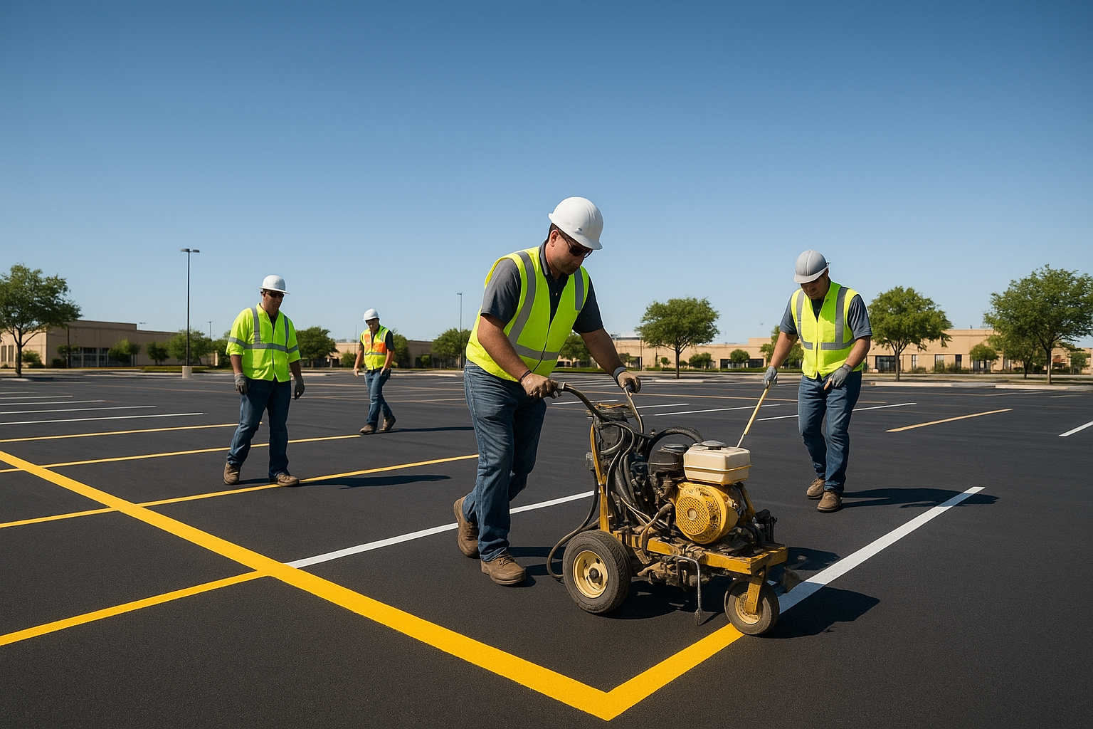 Professional parking lot striping crew applying fresh markings on a commercial lot in North Texas