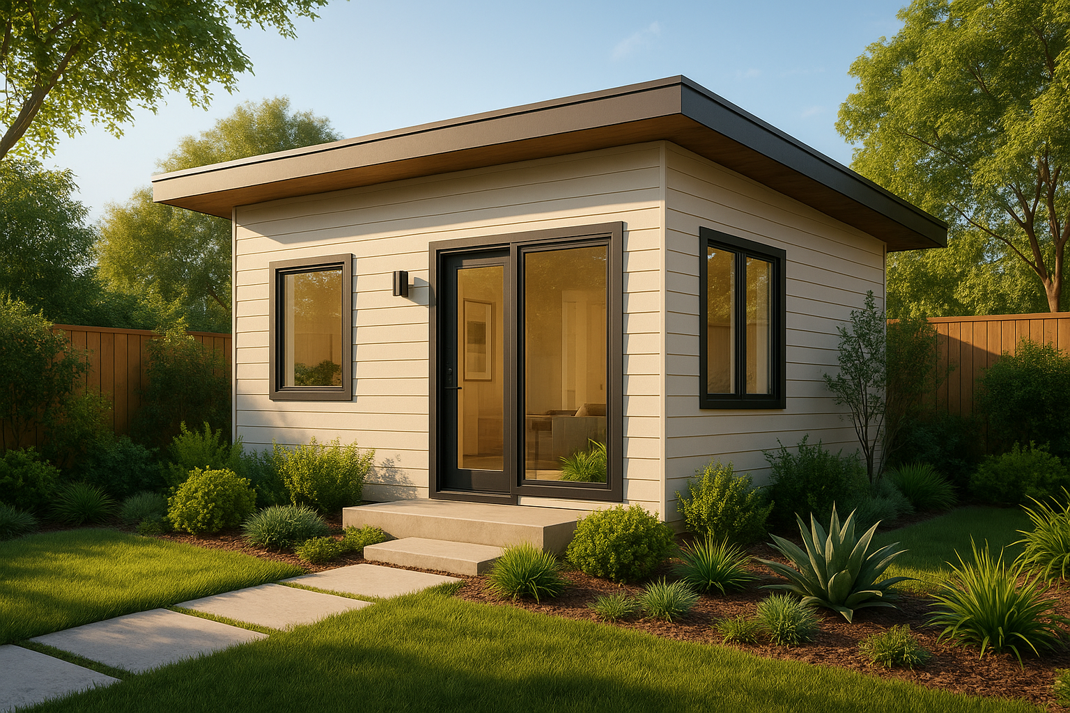 Finished 2 bedroom ADU with modern exterior in a residential backyard