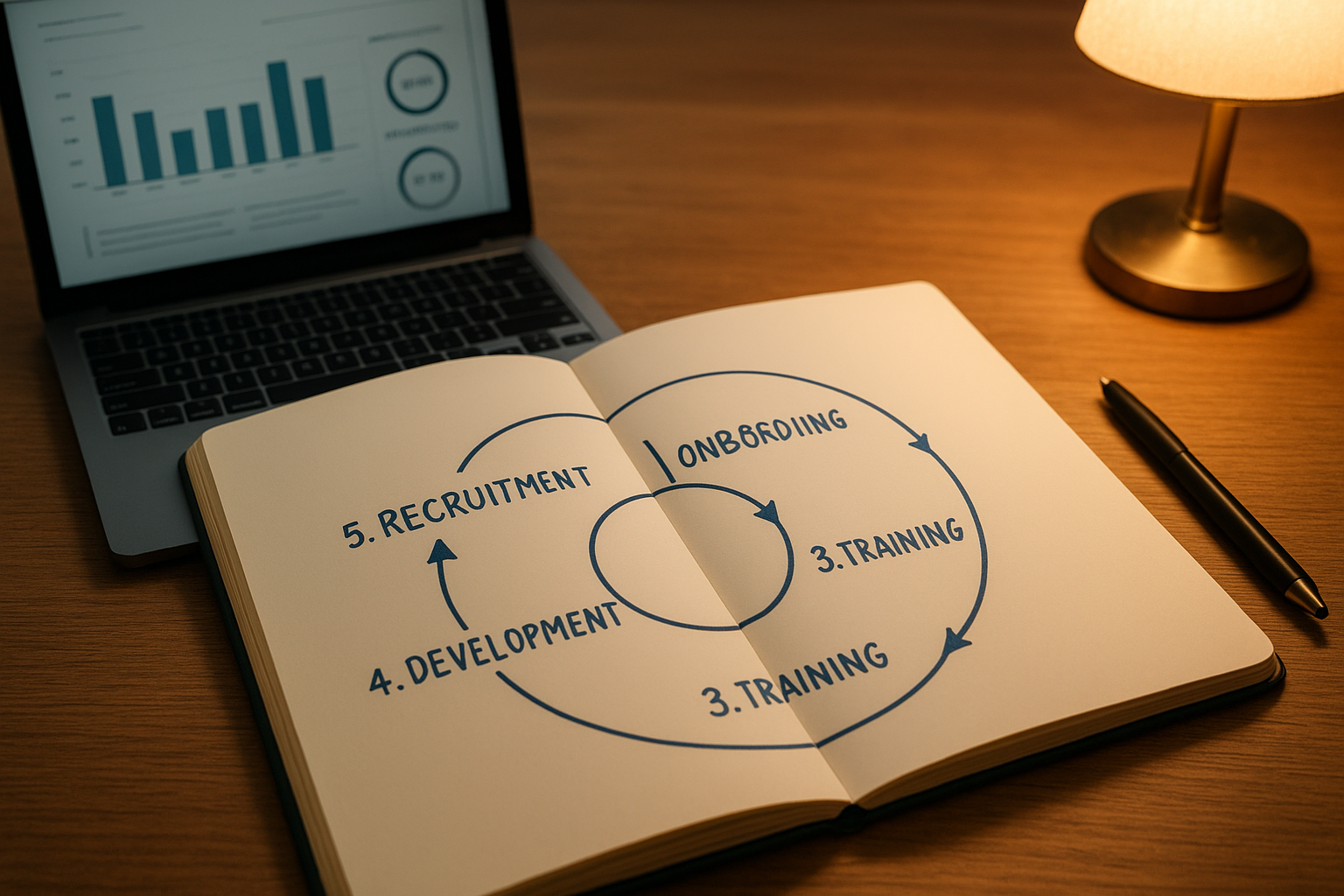 HR professional reviewing a five-step OD framework process in a notebook alongside performance metrics on a laptop