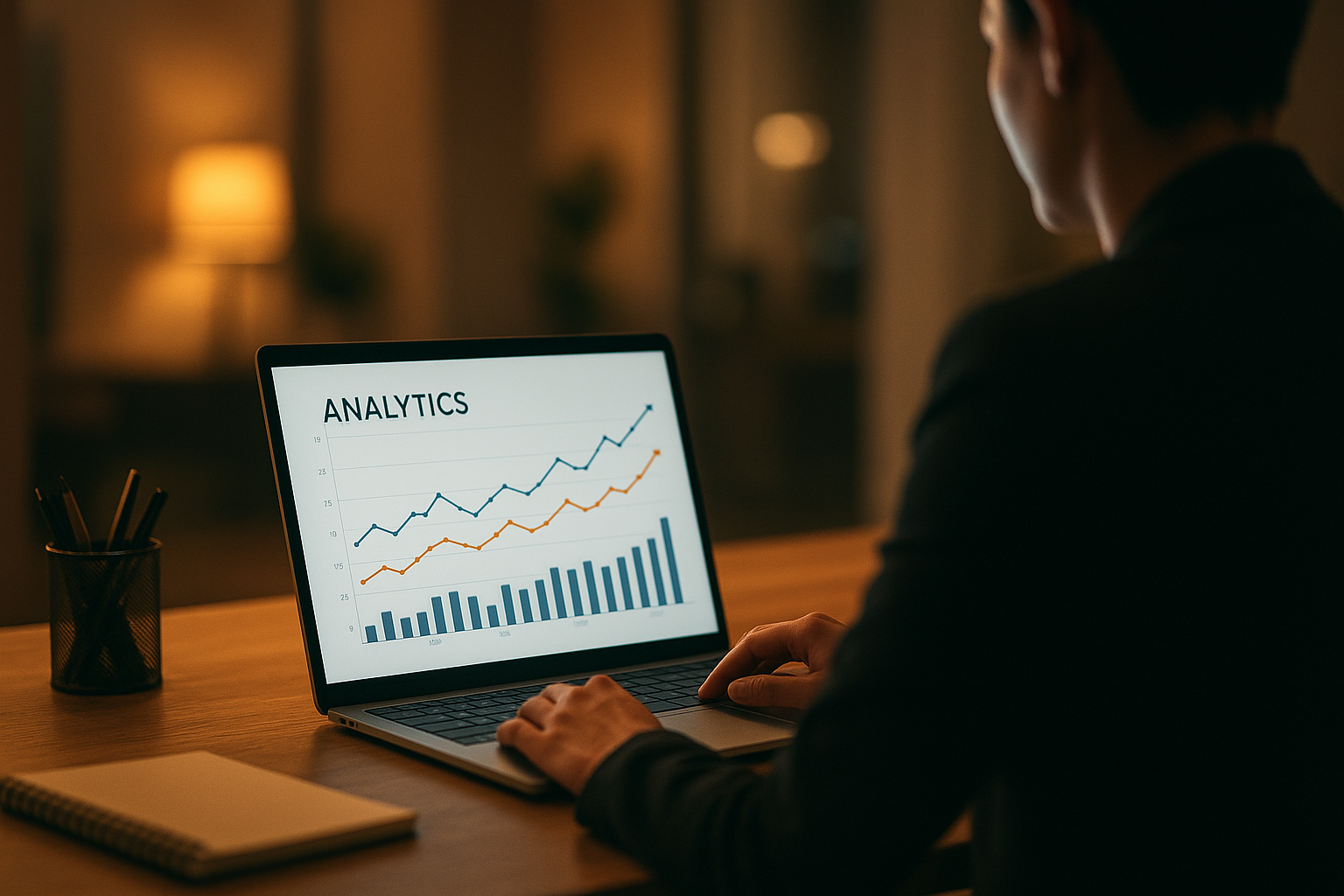 Person analyzing website SEO performance data on a laptop with upward trending organic traffic charts