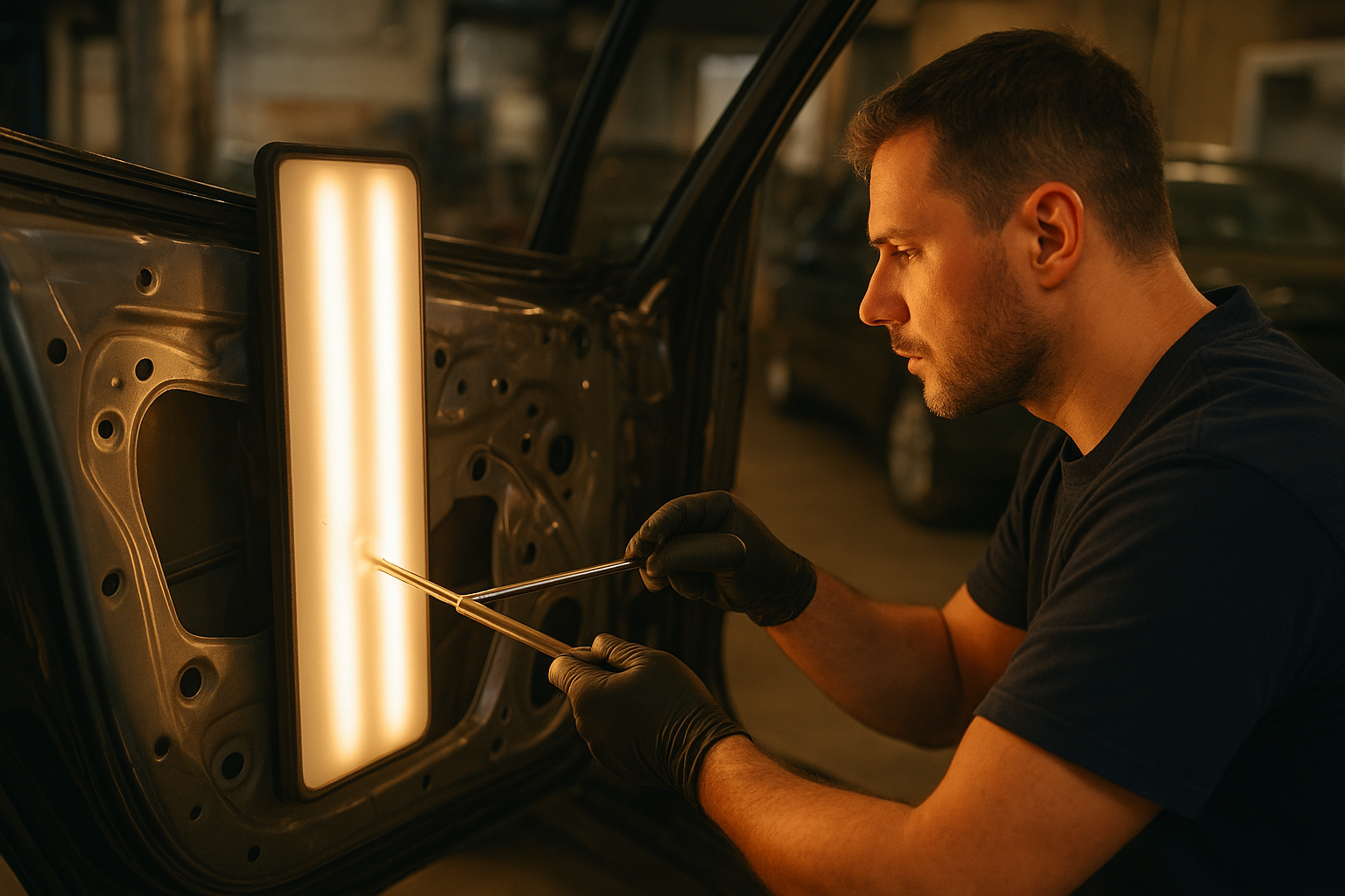 Technician using paintless dent repair tools to remove hail dents from a vehicle panel