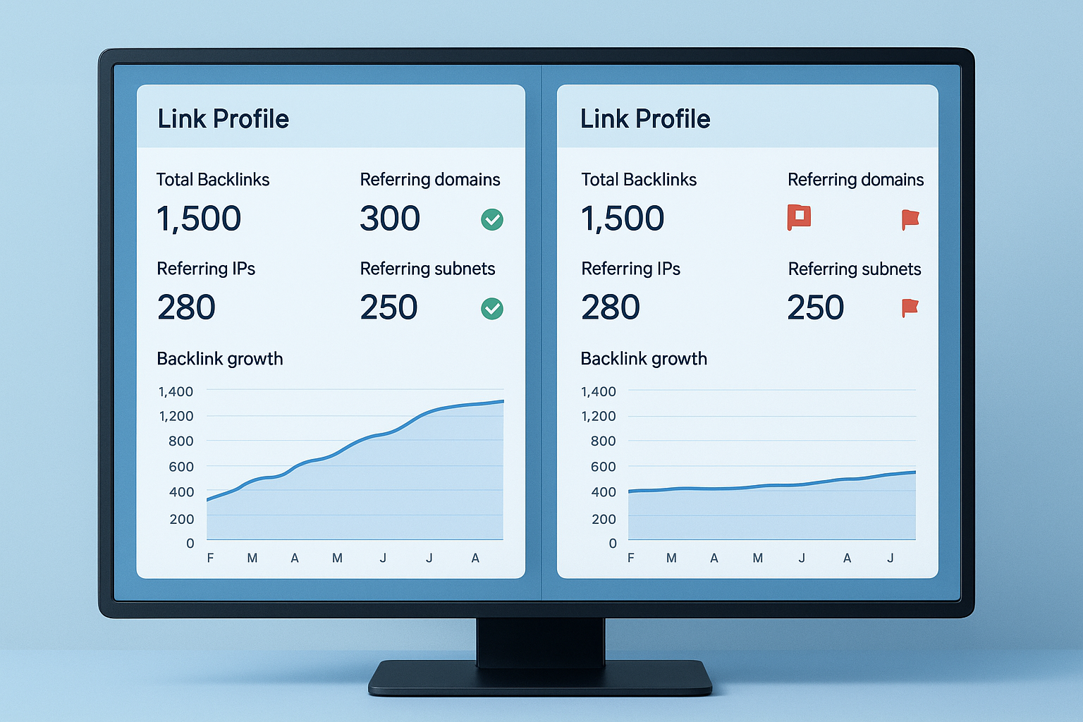 Side-by-side comparison of a healthy and toxic backlink profile in an SEO tool interface