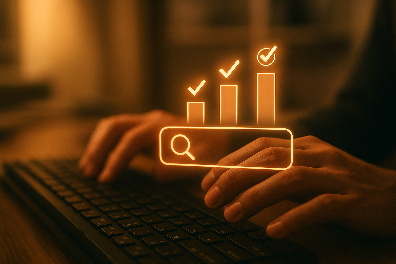 Hands typing on keyboard with glowing search ranking icons representing automated SEO improvements