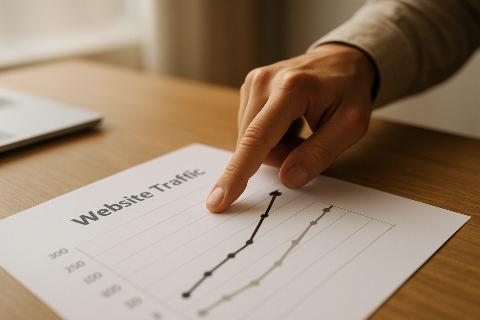 Analyst reviewing upward trending organic traffic growth chart
