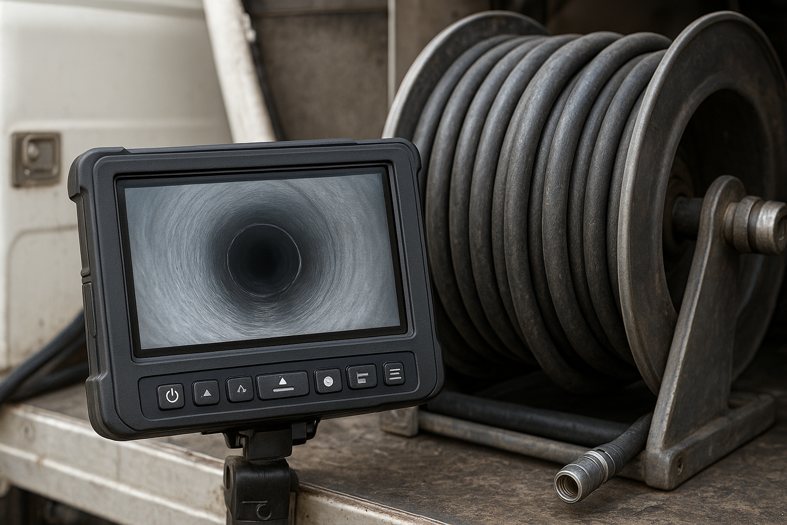 56ba438a_drain-camera-inspection-verification Camera inspection monitor used to verify results after drain jetting service