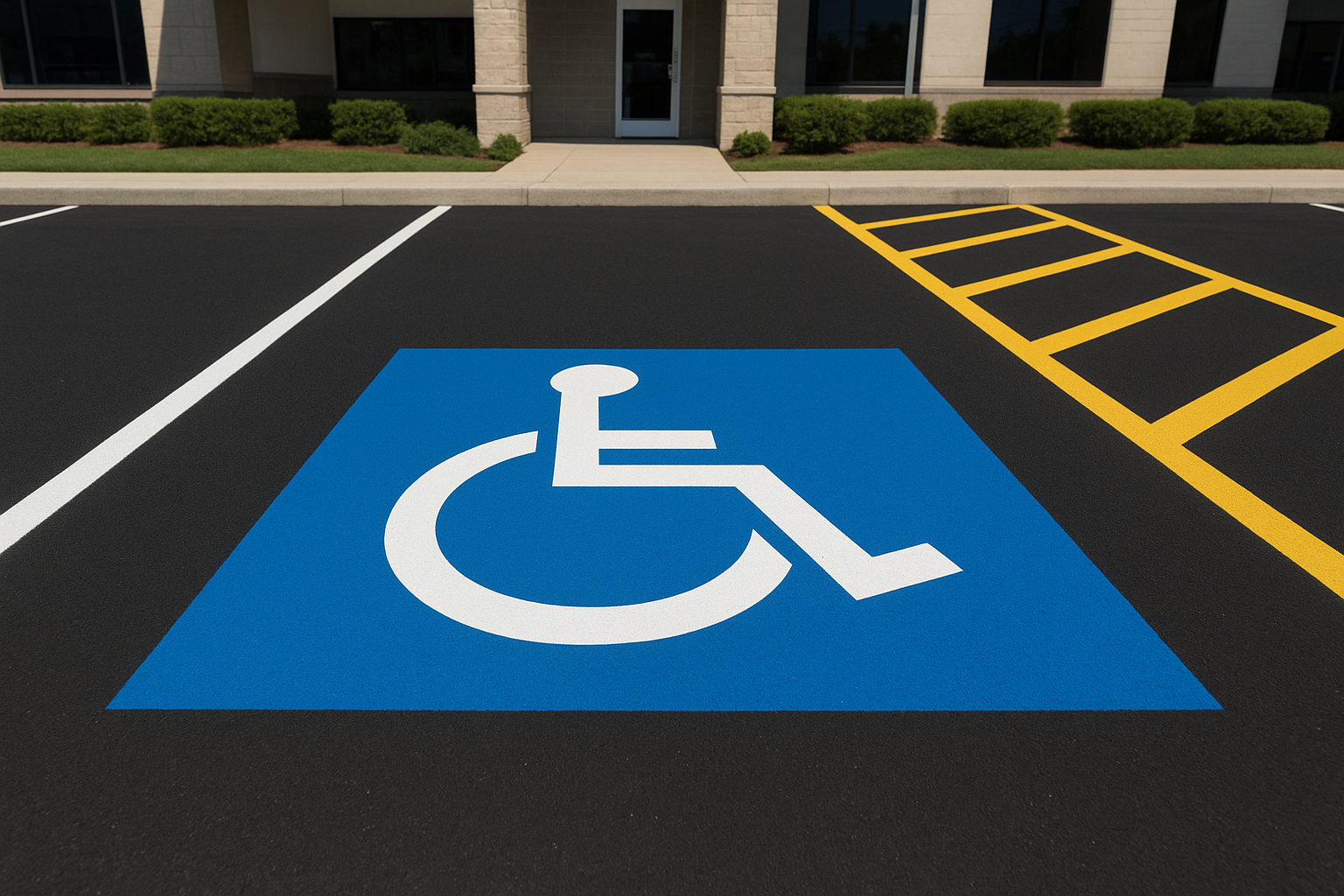 Freshly painted ADA handicap symbol and access aisle markings as part of blacktop striping services on a commercial parking lot