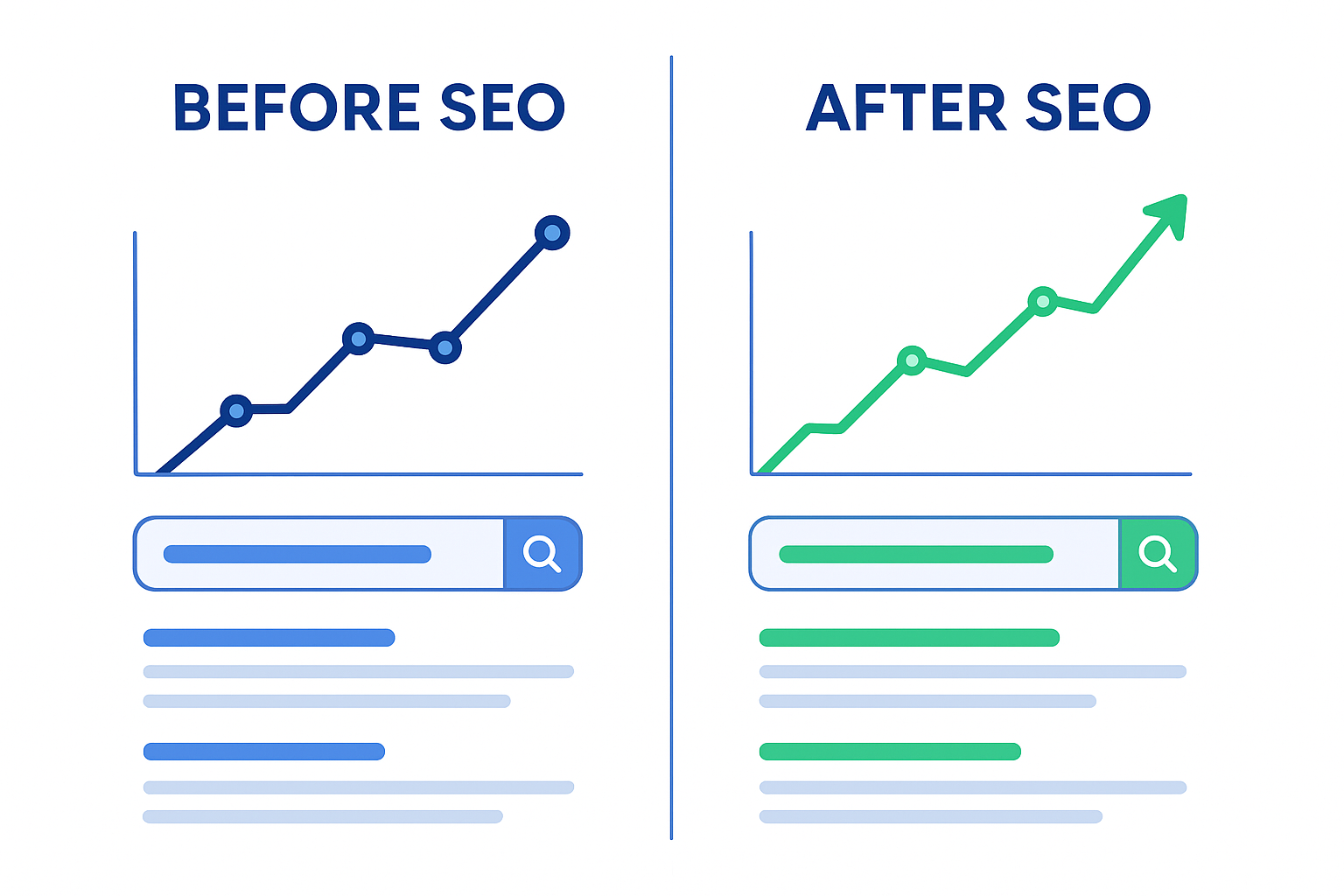 Before and after comparison of SEO ranking improvements achieved using an AI-powered optimization tool