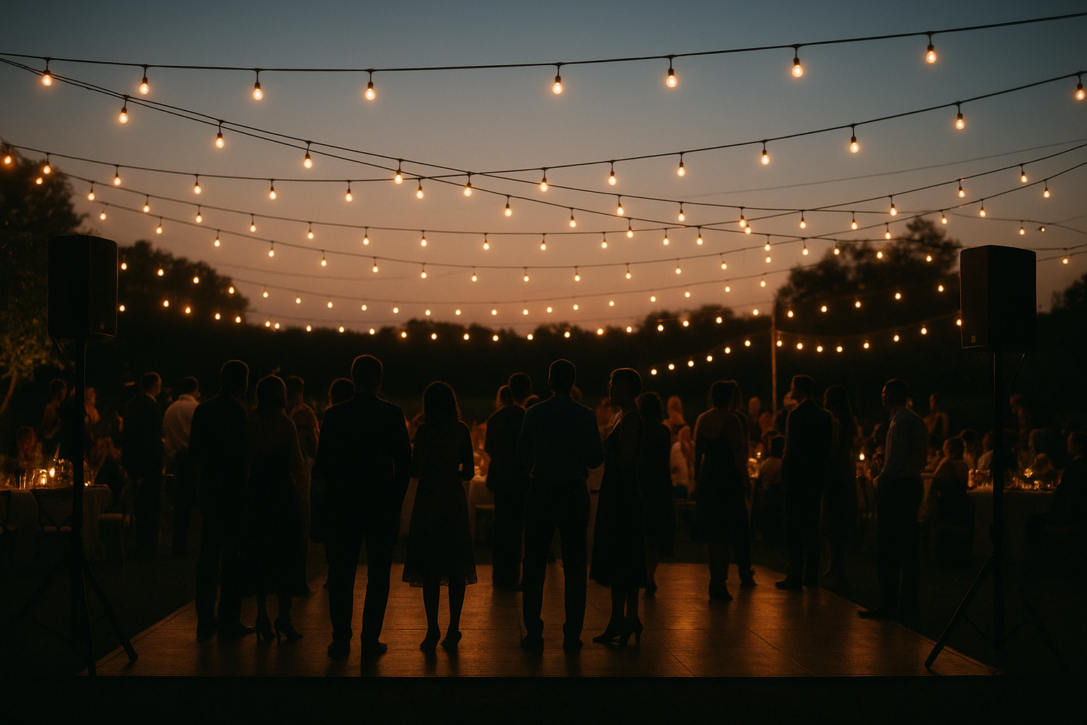 Outdoor sound system rental speakers set up at an evening wedding reception