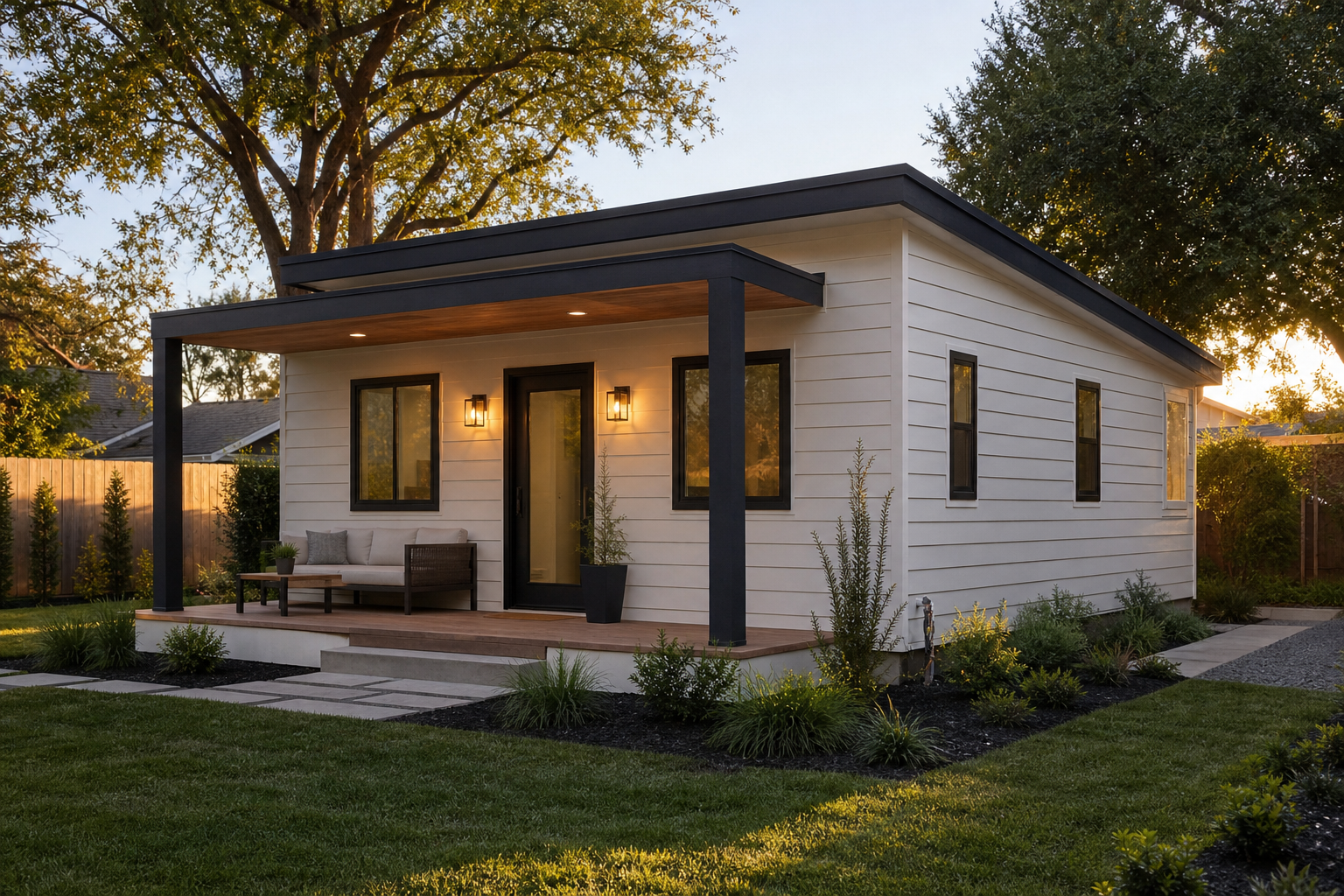 Completed custom ADU exterior with modern siding in a Southern California backyard