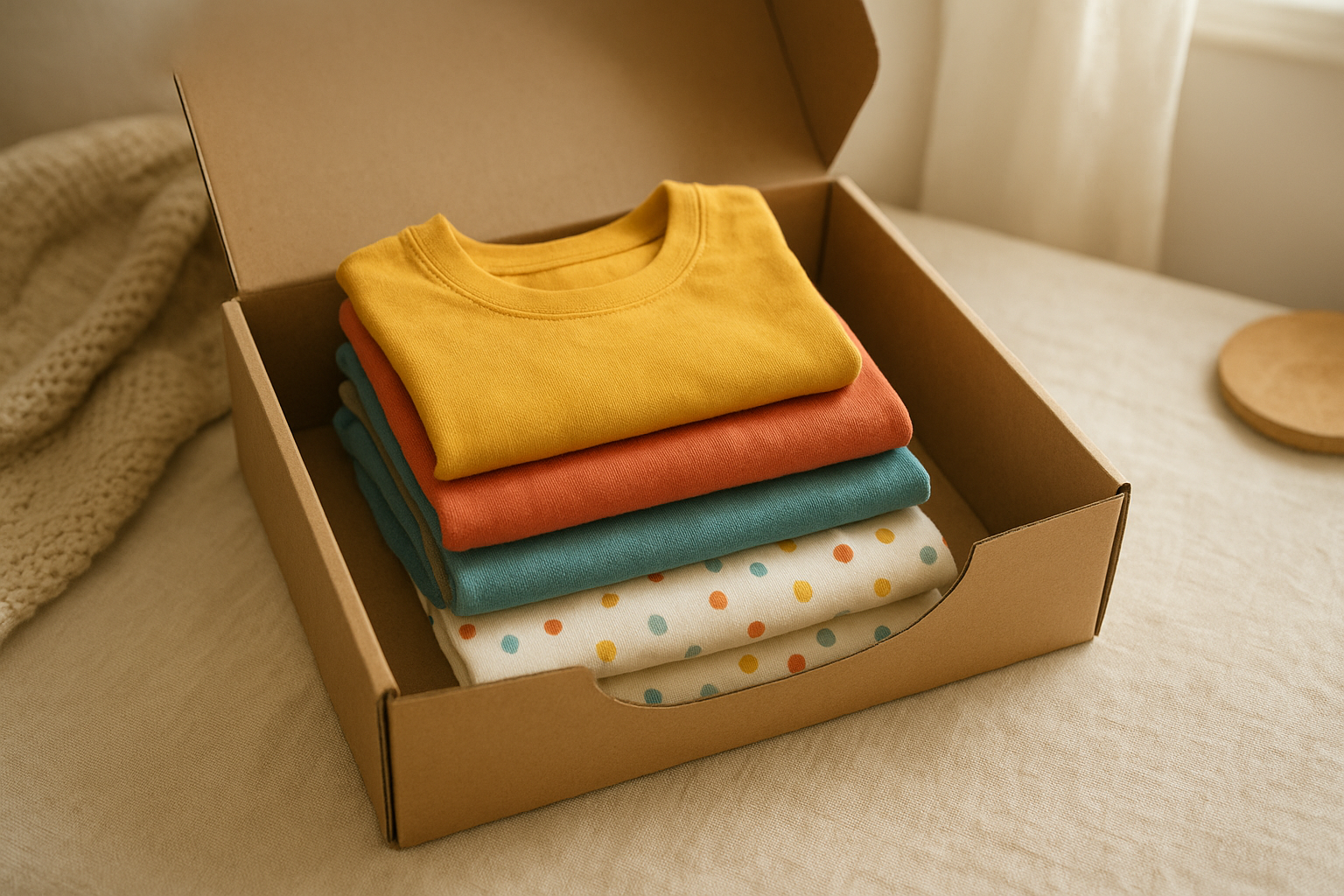Curated customized kids clothing box with folded outfits ready for a growing child