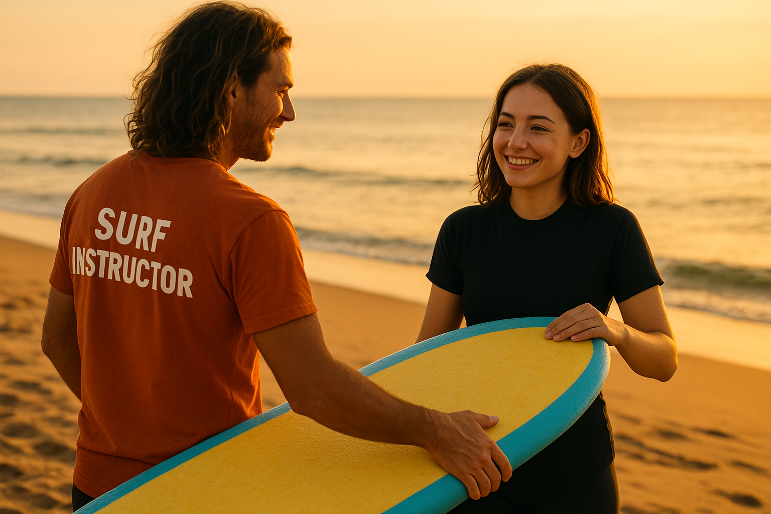 Surf instructor handing a foam surfboard to a beginner surfer at a beach rental shop