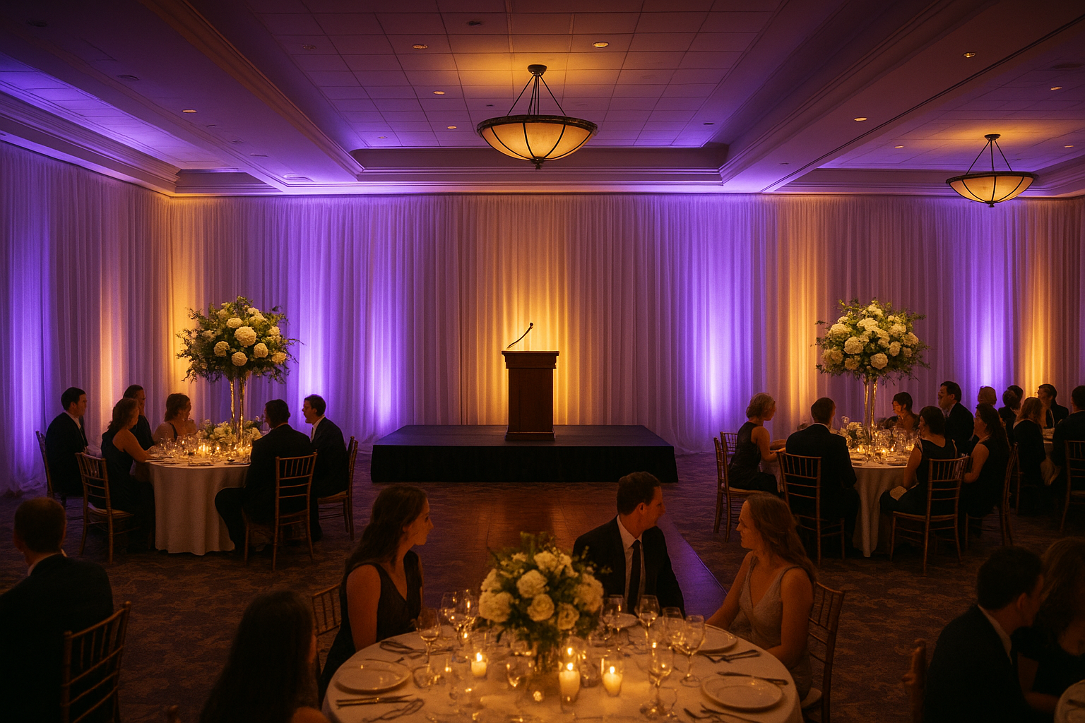 Professional AV equipment for events at an elegant wedding reception with LED uplighting and stage microphone