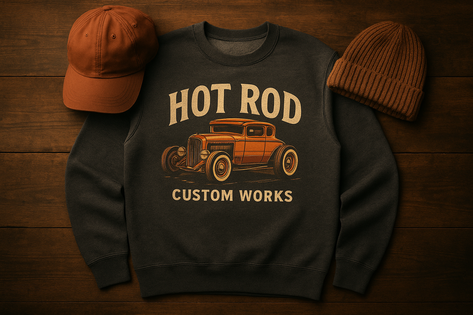 Flat lay of hot rod themed sweatshirt, cap, and beanie representing motor culture clothing style
