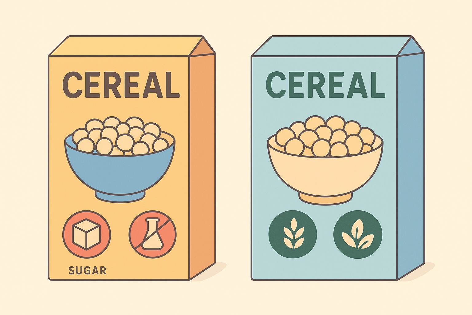 Illustration comparing ingredients in traditional cereal versus organic minimally processed cereal
