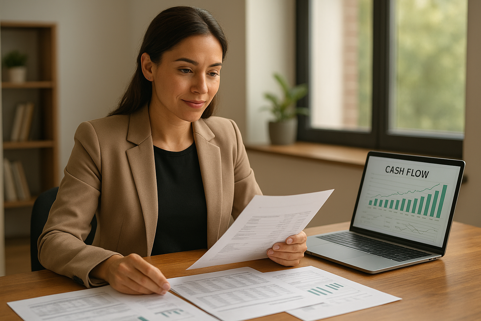 Business owner reviewing DSCR loan cash flow documents at a desk
