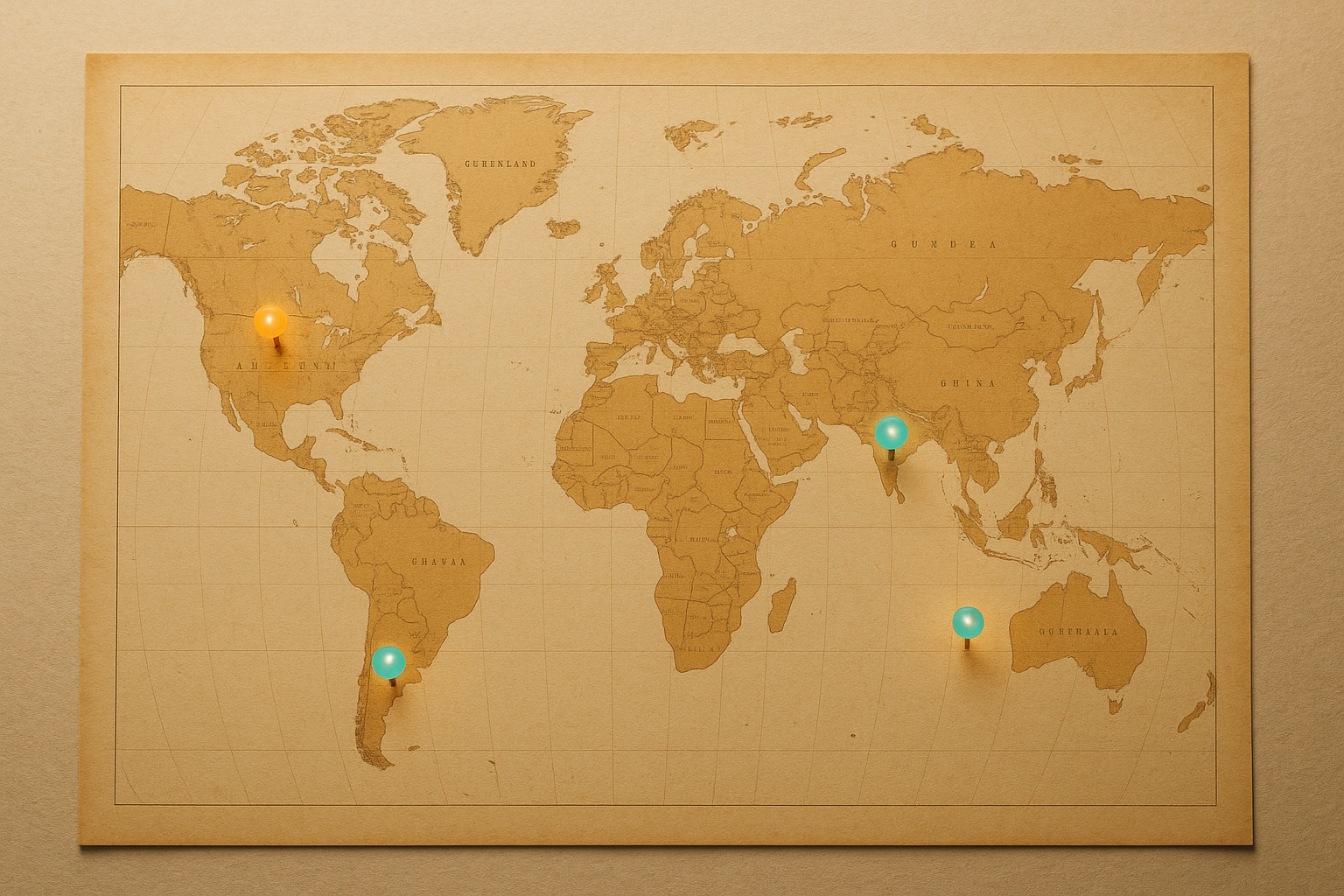 Detailed image with map showing glowing pin markers on a world map printed on aged paper
