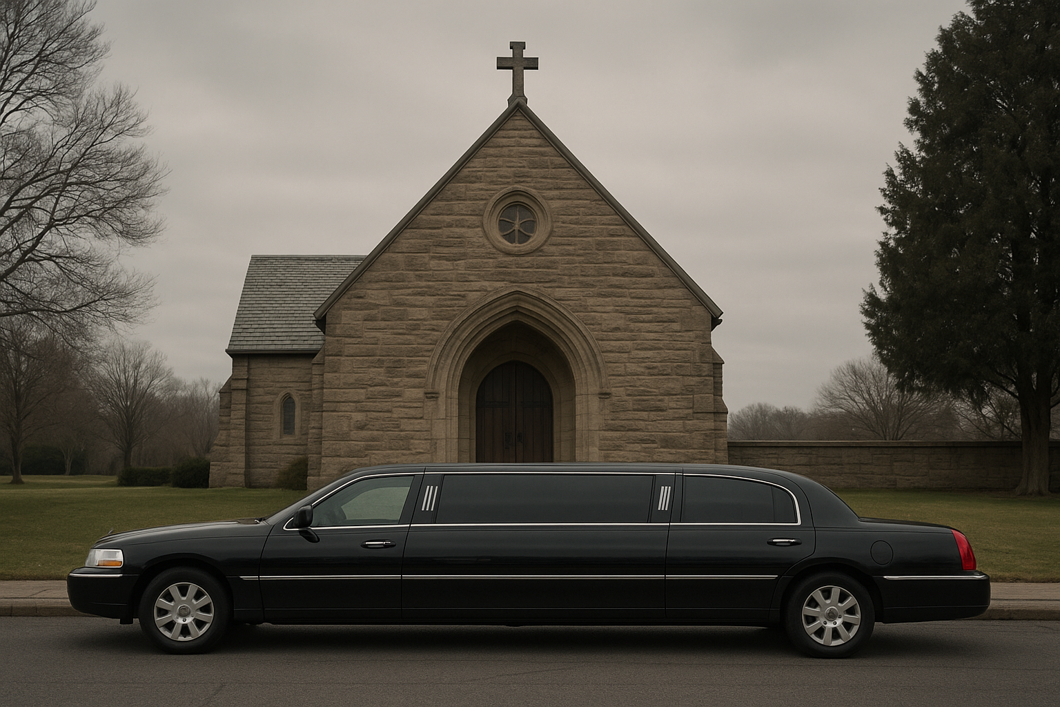Funeral limo service Culver City vehicle parked outside a memorial chapel