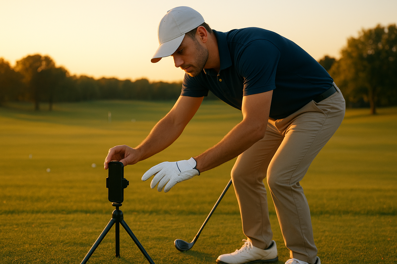 Golfer using a tripod and smartphone to record a practice swing for remote coaching review