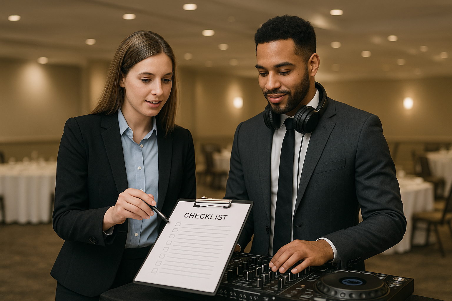 Event planner and professional DJ reviewing corporate event checklist in Evansville Indiana