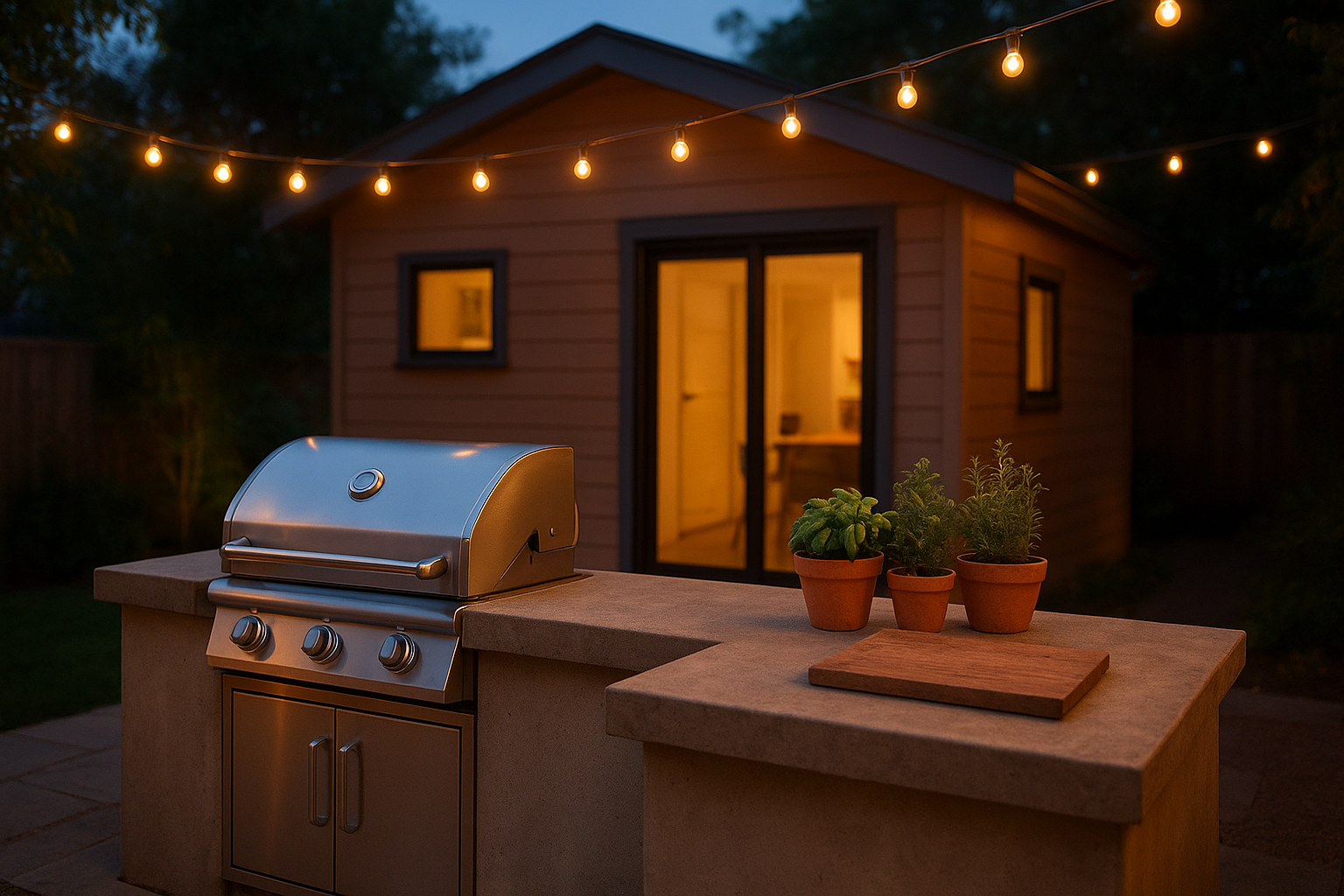 Compact outdoor kitchen space adjacent to an accessory dwelling unit with stainless grill and concrete countertop