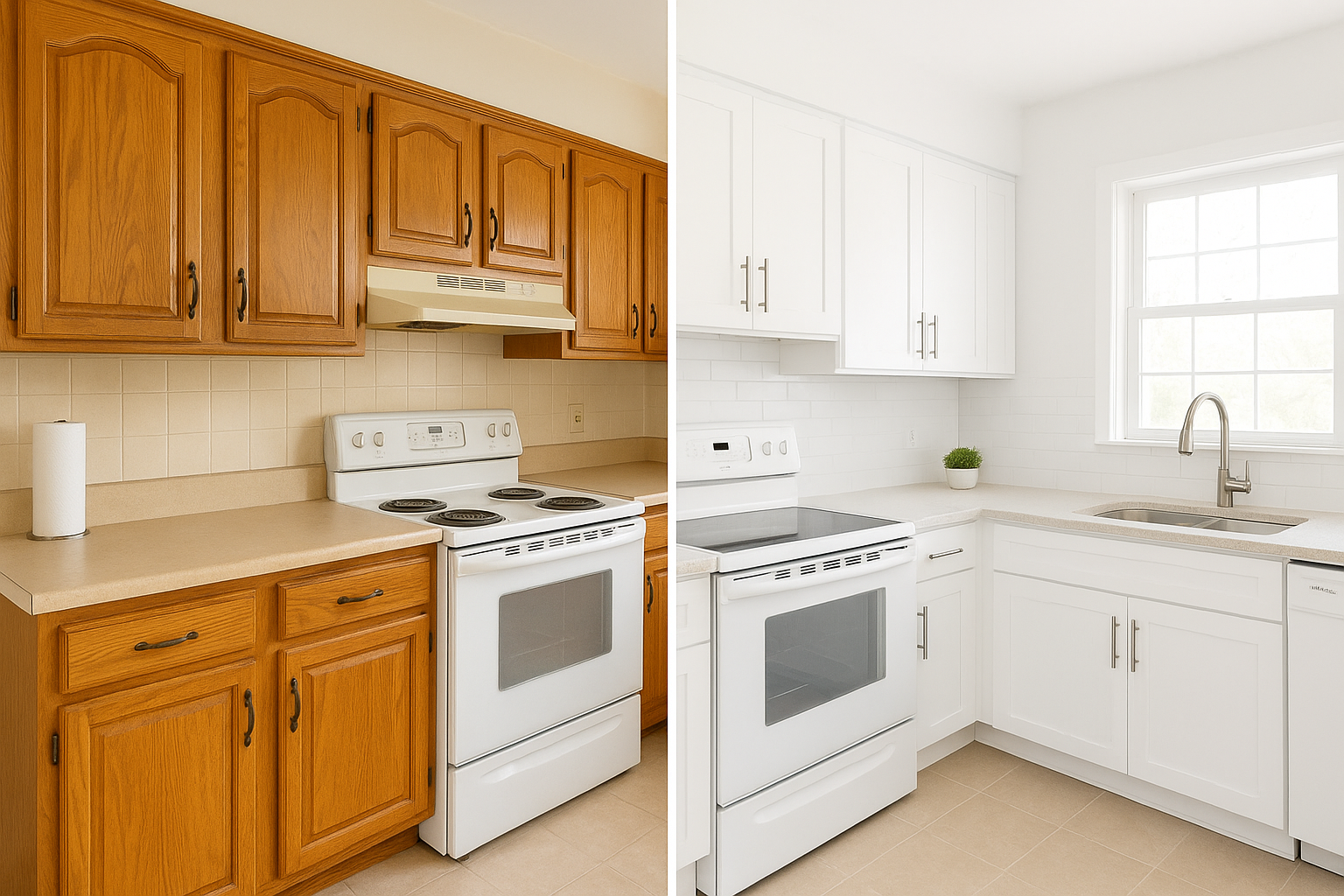 Before and after comparison showing cost-effective kitchen solutions through cabinet refacing transformation