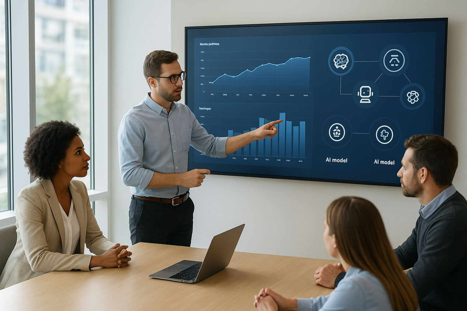 Team reviewing usage dashboard from an enterprise AI gateway platform deployment