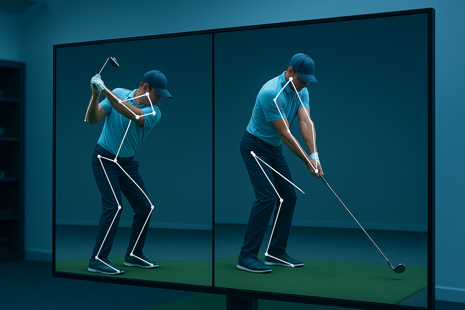 Side-by-side biomechanical golf swing comparison shown on a training studio monitor