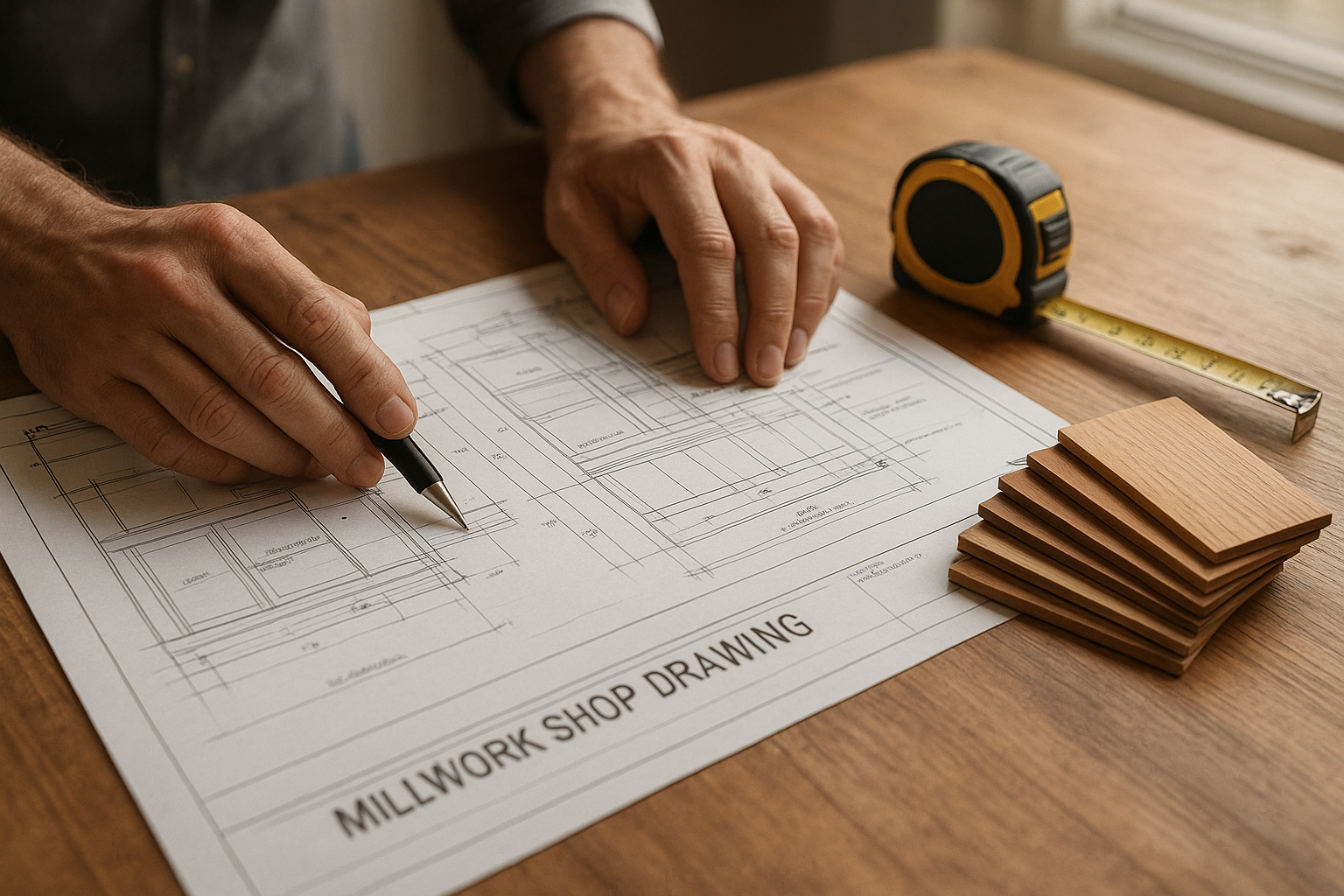 Contractor reviewing custom millwork shop drawings for an ADU interior build-out