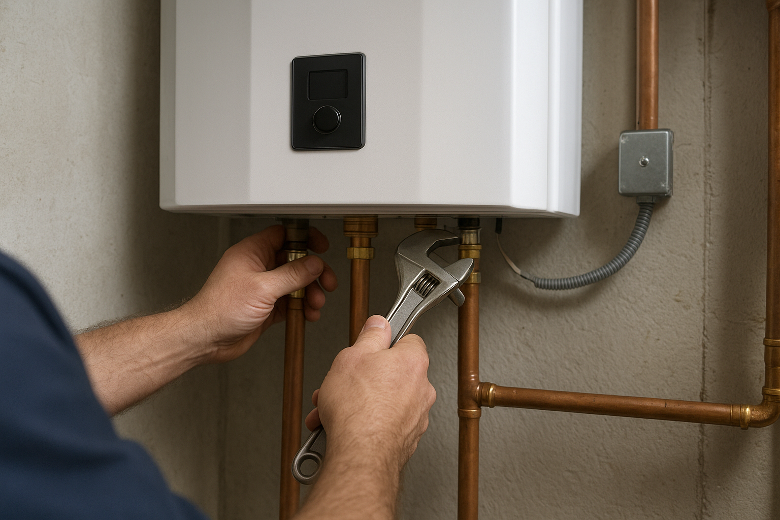 5793693c_water-heater-installation-terrell Plumber installing a residential water heater during a Terrell TX service call