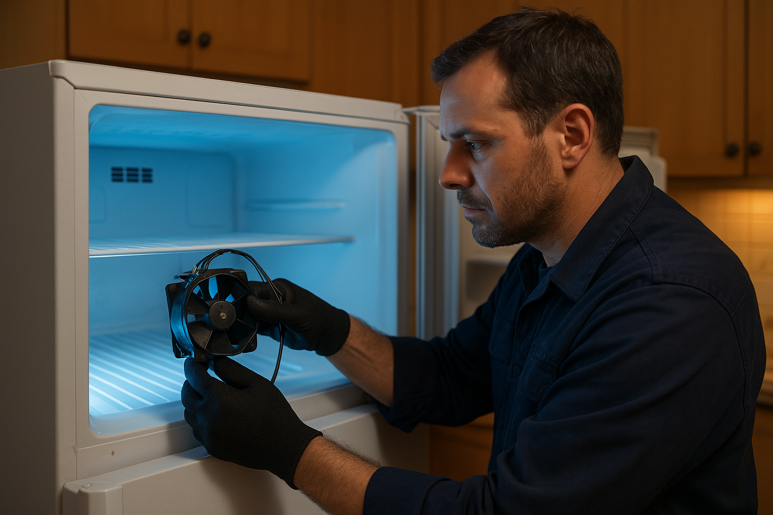 Technician replacing evaporator fan motor in refrigerator freezer compartment